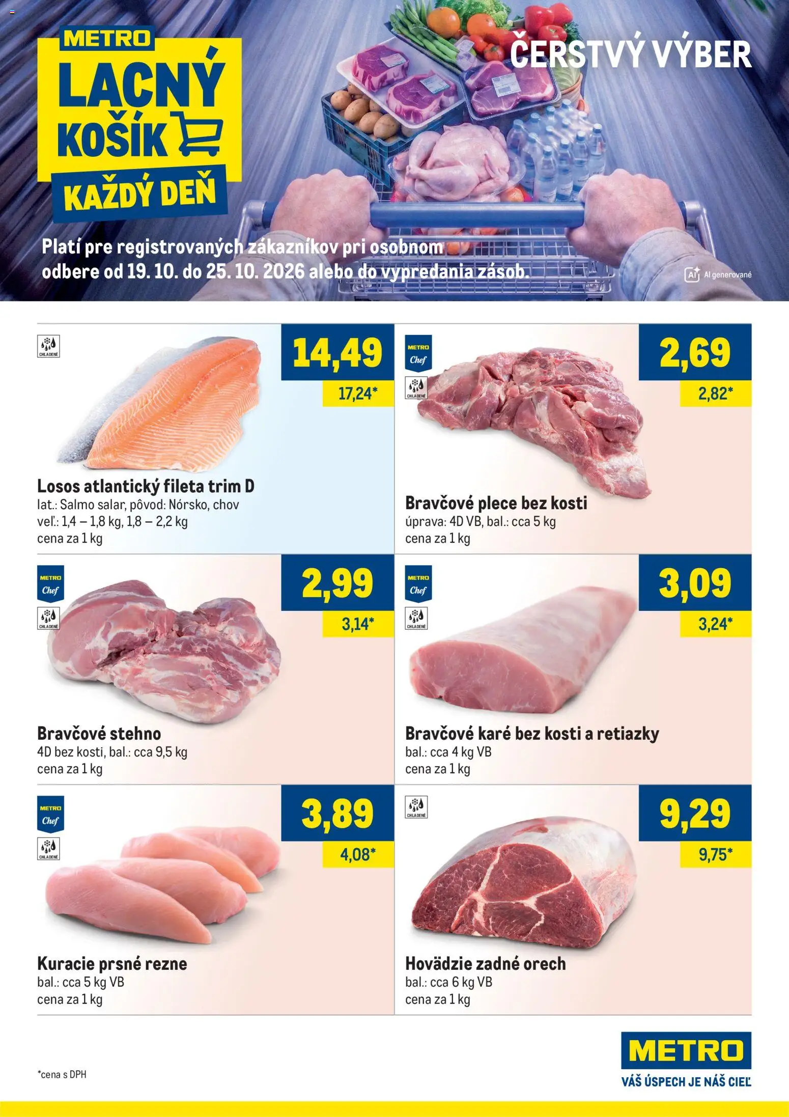 Náhľad Metro letáku platného od 19.10.2026 - Losos, Bravčové karé, Bravčové stehno, Rezne, Hovädzie zadné, Bravčové plece, Prsné rezne, Kuracie prsné rezne