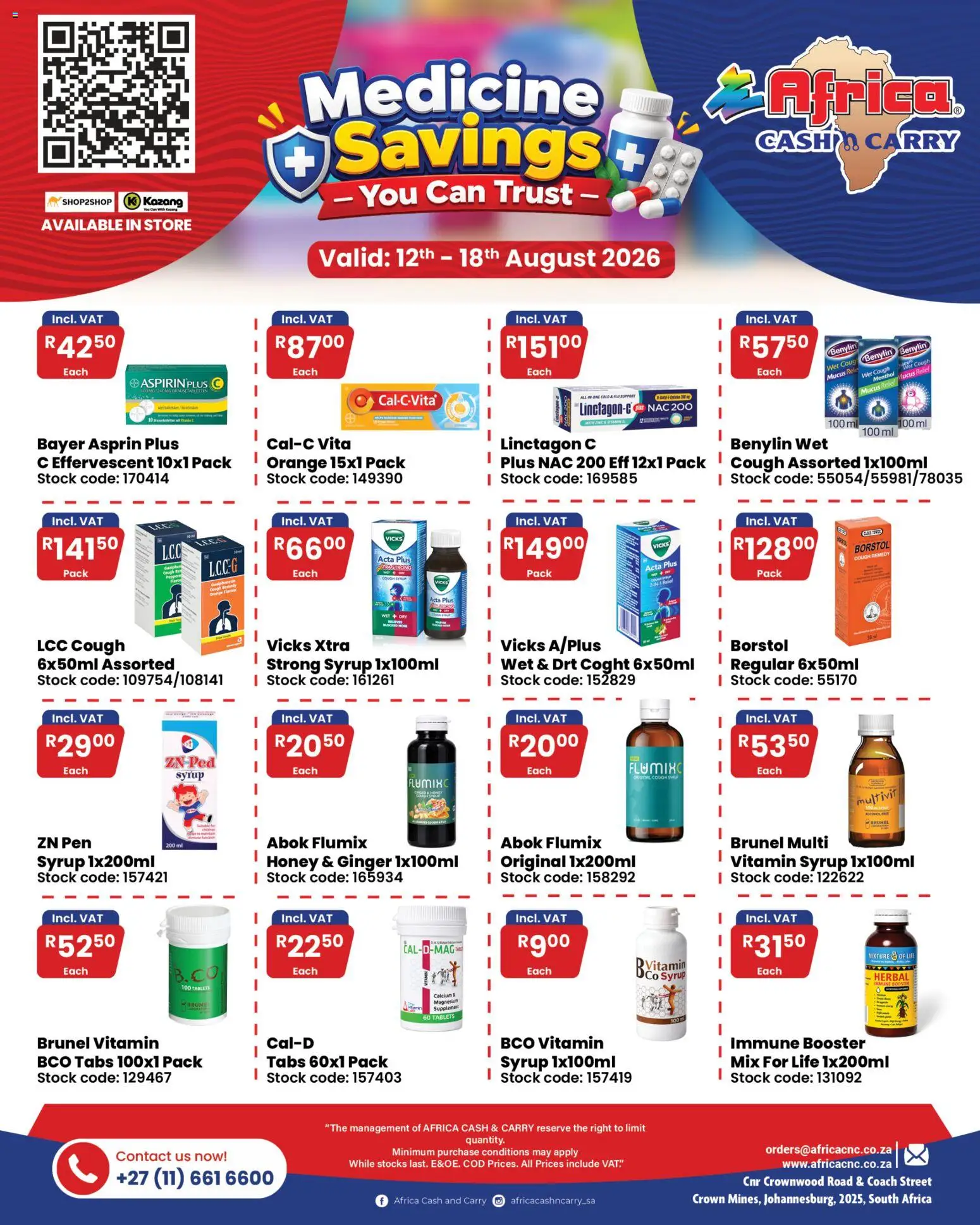 Preview of Africa Cash & Carry flyer valid from 12/08/2026 - Cough syrup, Pen, Stock, Syrup