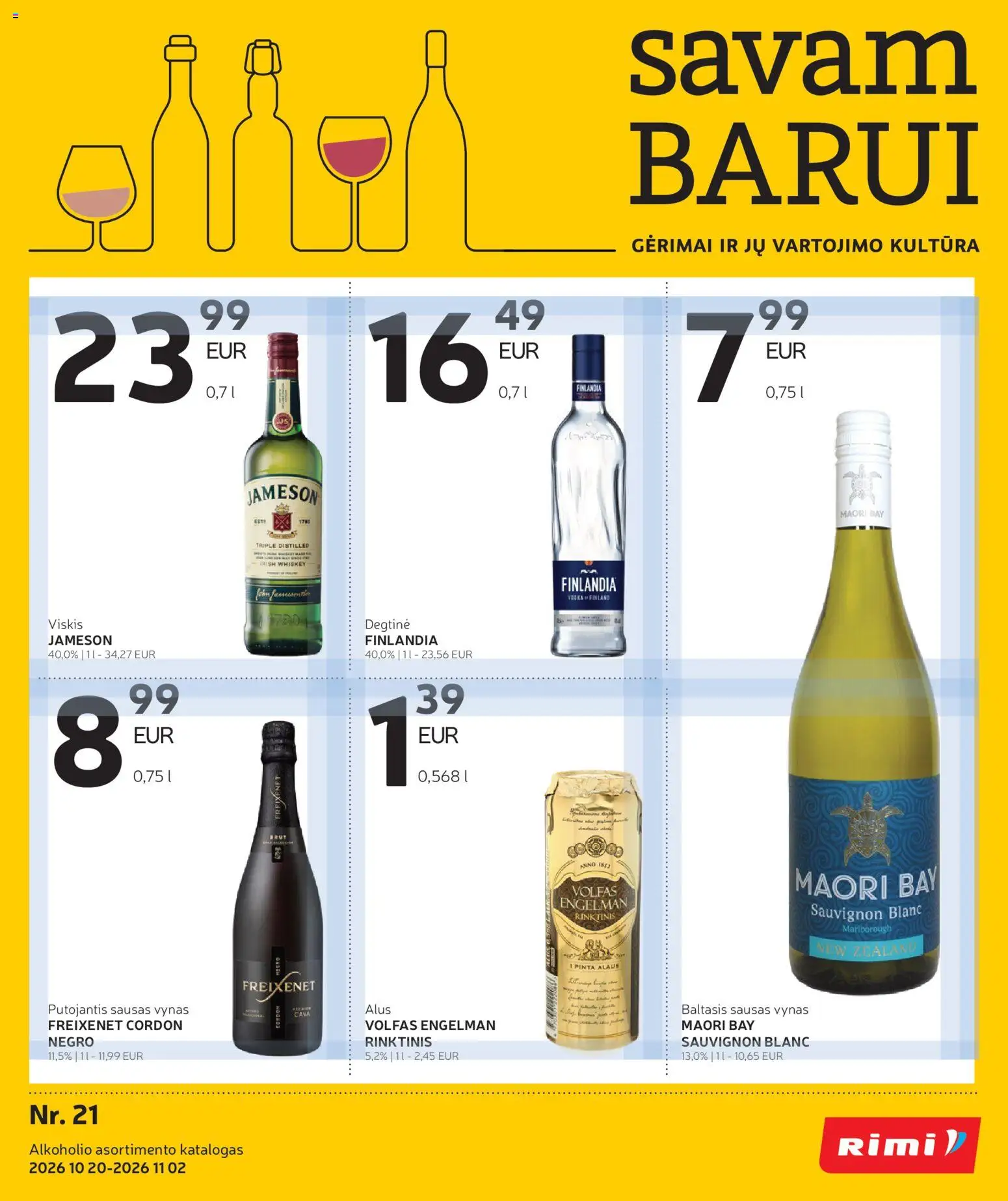 Rimi parduotuvės leidinio Rimi leidinys - Alkoholinių gėrimų galiojančio nuo 2026.10.20 peržiūra - Alus, Viskis, Vynas, Degtinė