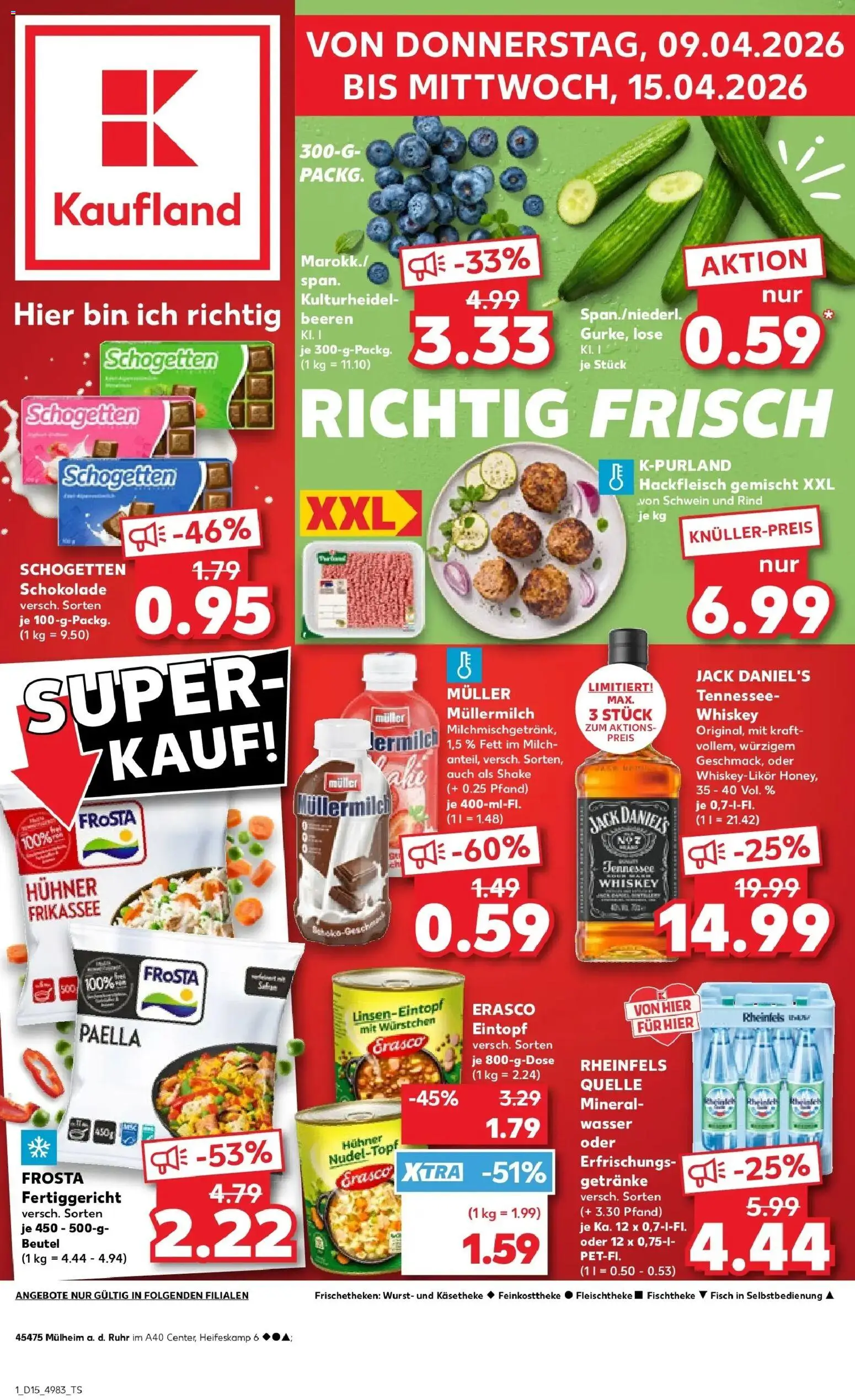 Vorschau von dem Prospekt des Geschäftes Kaufland, gültig ab dem 08.04.2026 - Wasser, Fisch, Wurst, Mineralwasser, Hackfleisch, Frosta, Schogetten, Jack Daniel's