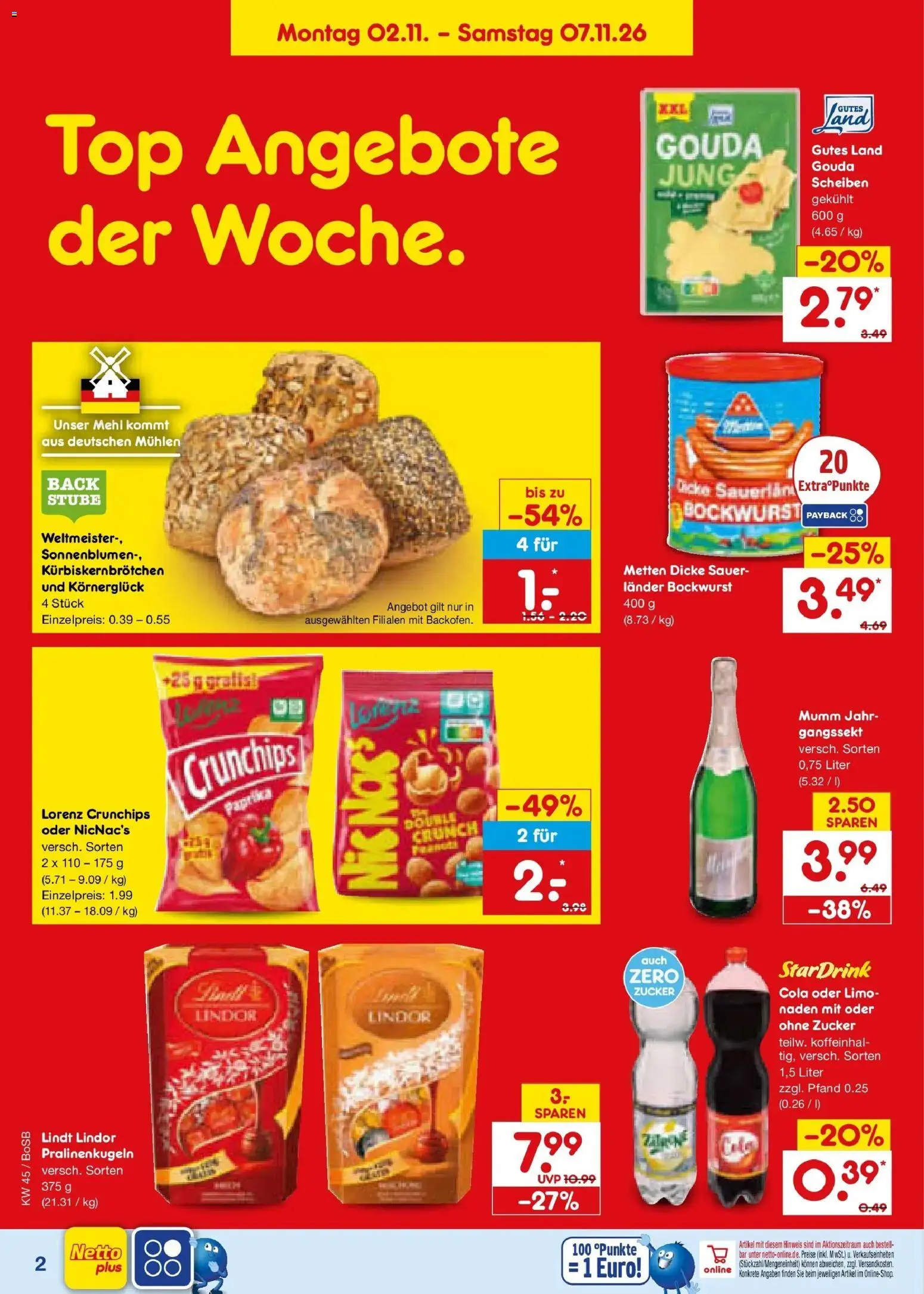 Vorschau von dem Prospekt des Geschäftes Netto Marken-Discount, gültig ab dem 02.11.2026 - Lindt, Cola, Top, Mehl, Zucker, Gouda, Lindor, Lorenz crunchips