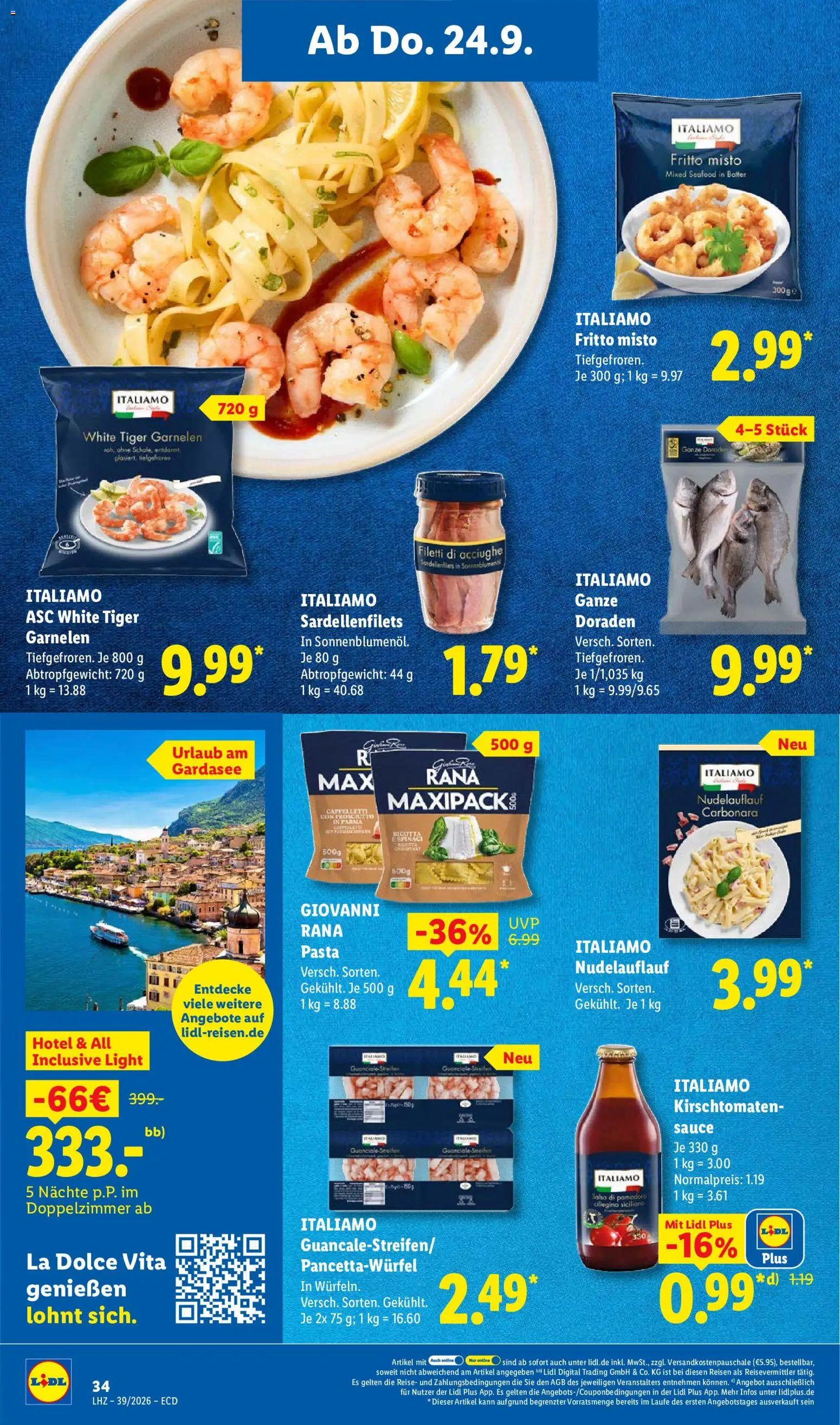 Vorschau von dem Prospekt des Geschäftes Lidl, gültig ab dem 21.09.2026 - Pasta, Garnelen, Kirschtomaten, Tiger garnelen