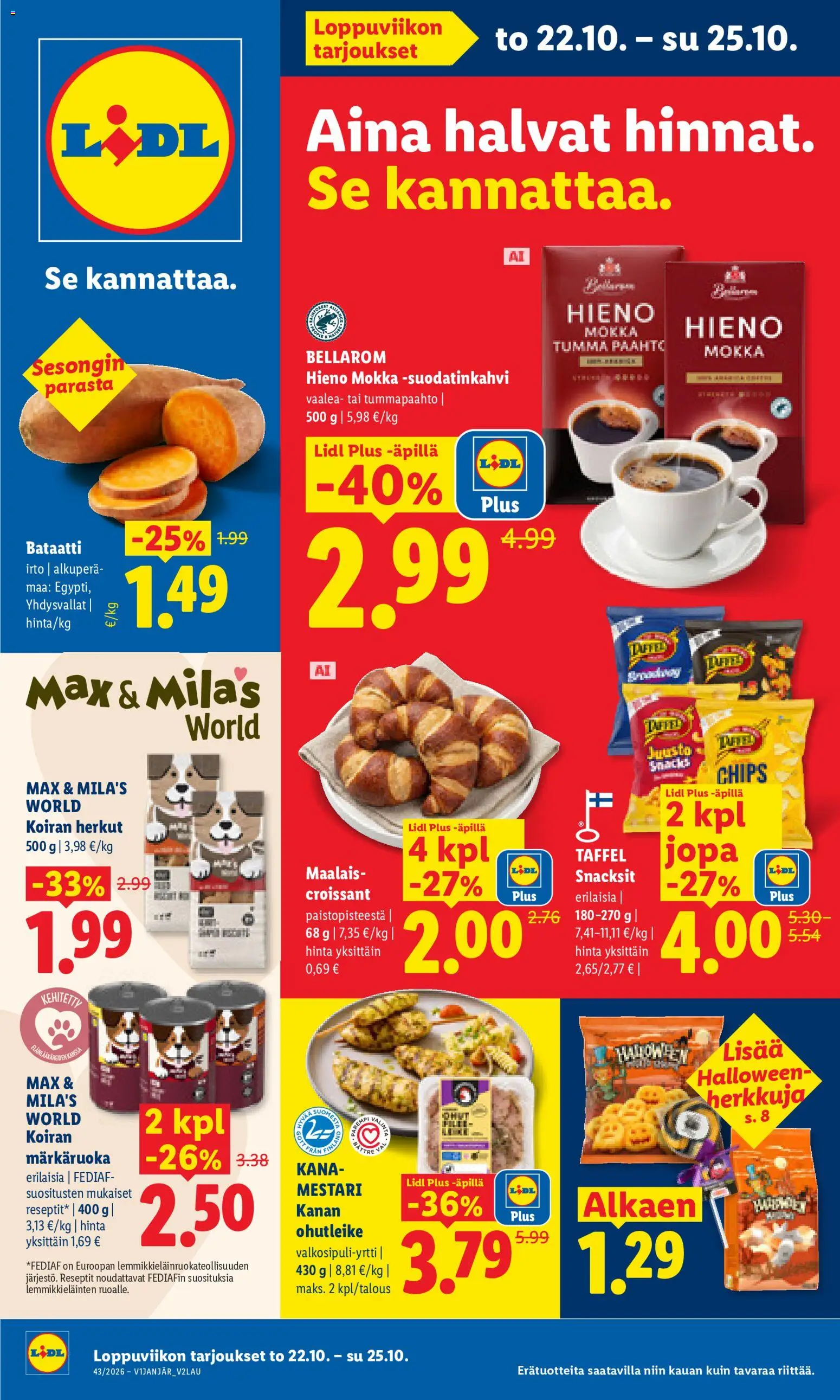 Kaupan Lidl Lidl tarjoukset Kauhajoki esikatselu, voimassa 22/10/2026 - Kana, Bataatti, Juusto, Croissant, Koiran herkut