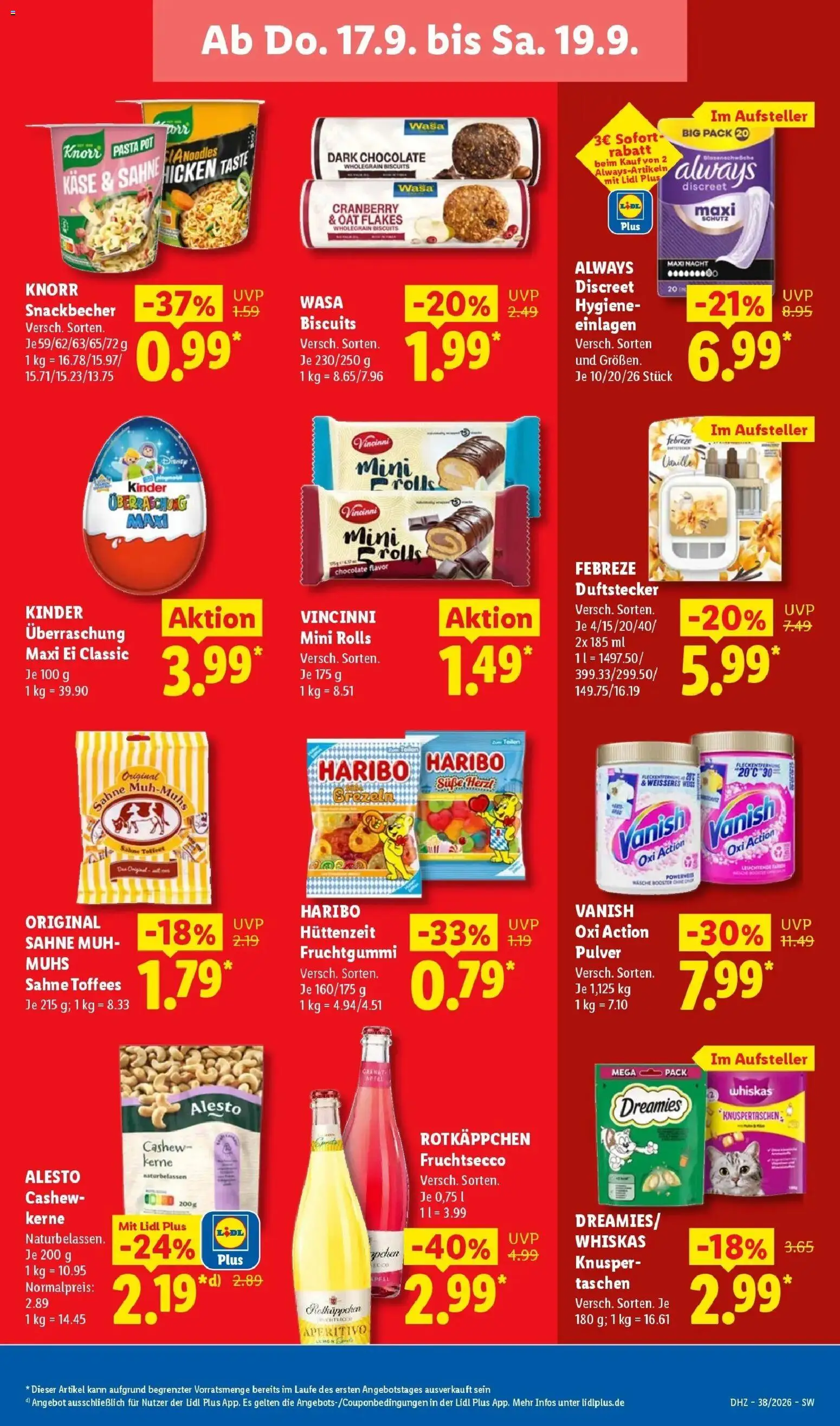Vorschau von dem Prospekt des Geschäftes Lidl, gültig ab dem 14.09.2026 - Pasta, Taschen, Rotkäppchen, Sahne, Vanille, Knorr, Whiskas, Fruchtsecco