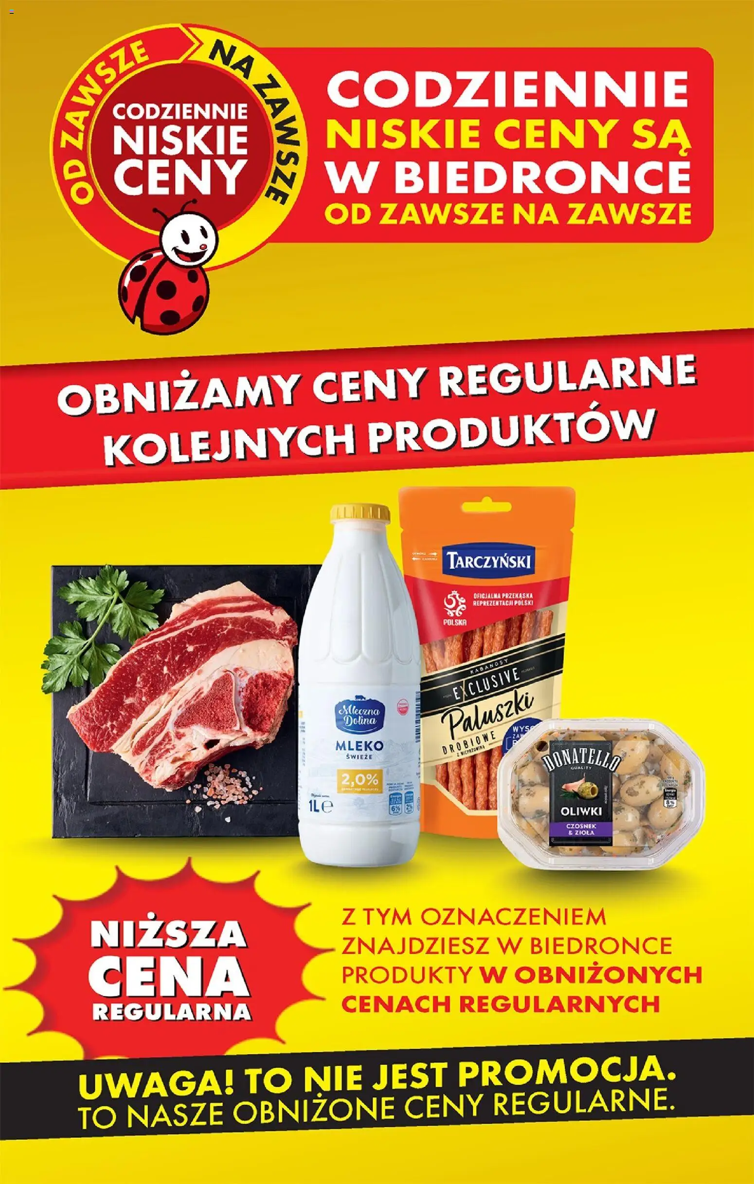 Pogląd gazetki "Biedronka gazetka - Obnizamy ceny regularne" ze sklepu Biedronka ważnej od 10.04.2026 - Czosnek, Wołowina, Zioła, Paluszki, Wieprzowina, Kabanosy, Oliwki, Mleko świeże