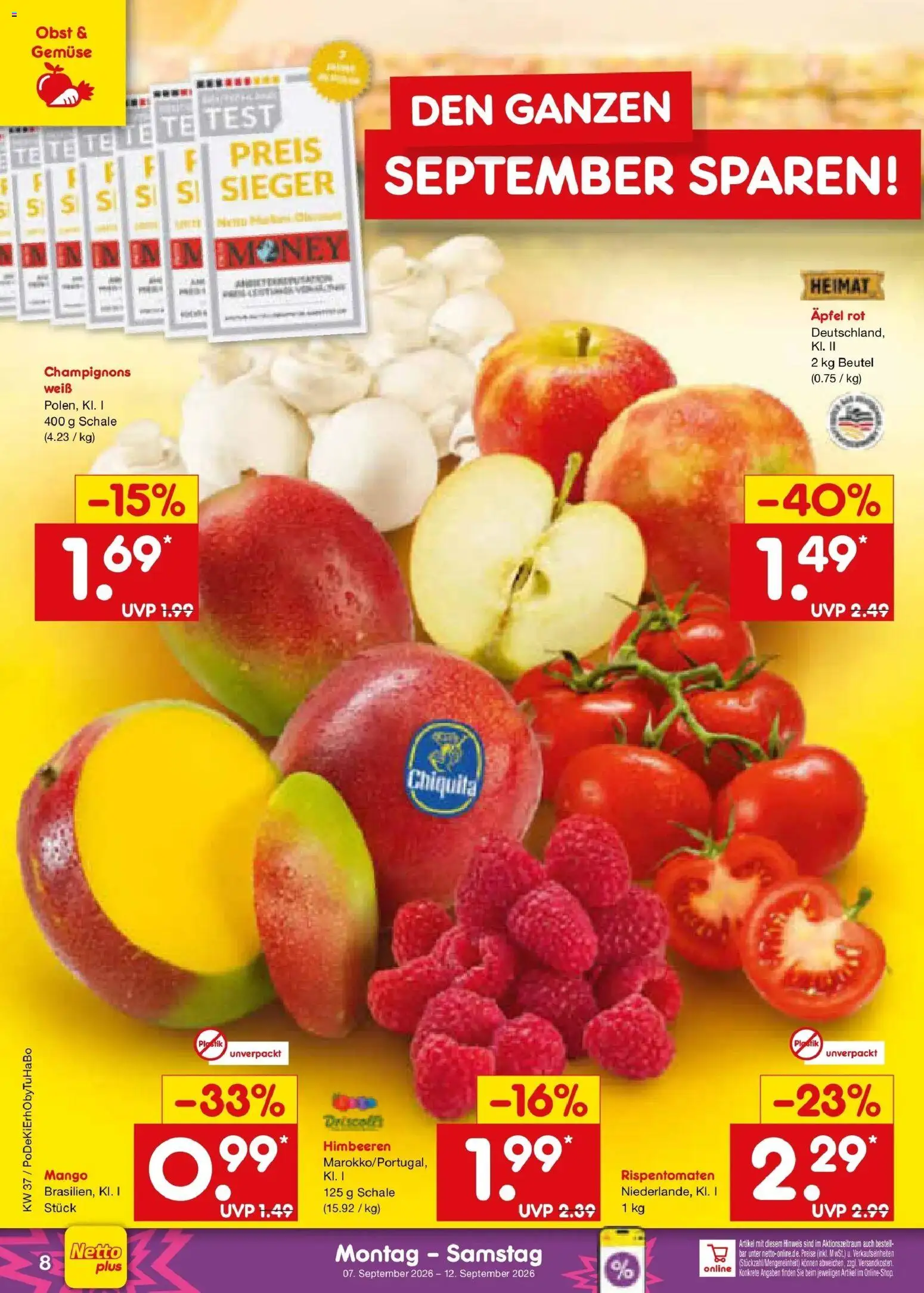Vorschau von dem Prospekt des Geschäftes Netto Marken-Discount, gültig ab dem 07.09.2026 - Mango, Äpfel, Gemüse, Himbeeren, Obst, Champignons