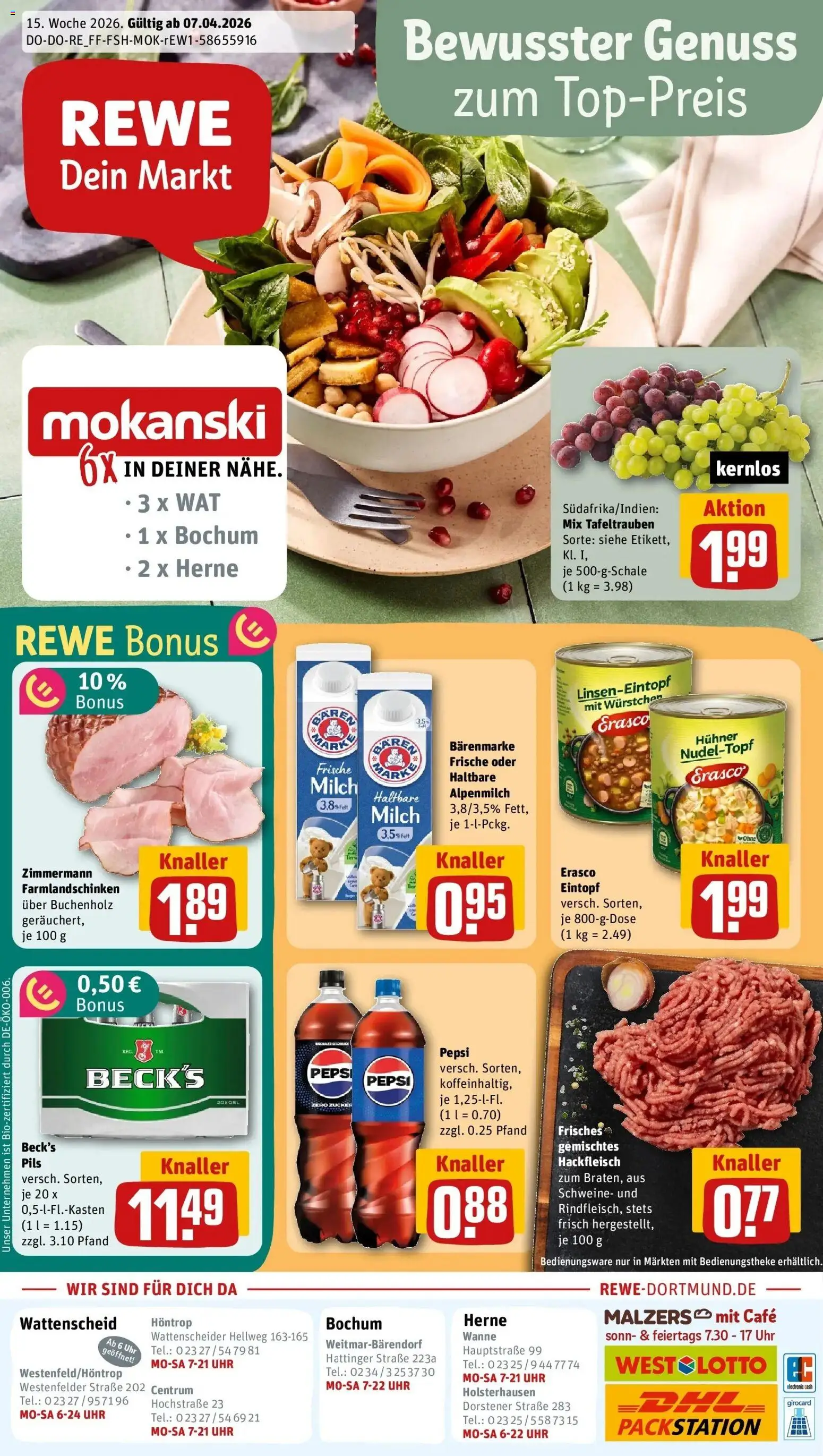 Vorschau von dem Prospekt des Geschäftes Rewe, gültig ab dem 05.04.2026 - Cola, Milch, Hackfleisch, Zucker, Pepsi, Haltbare milch, Pils, Erasco