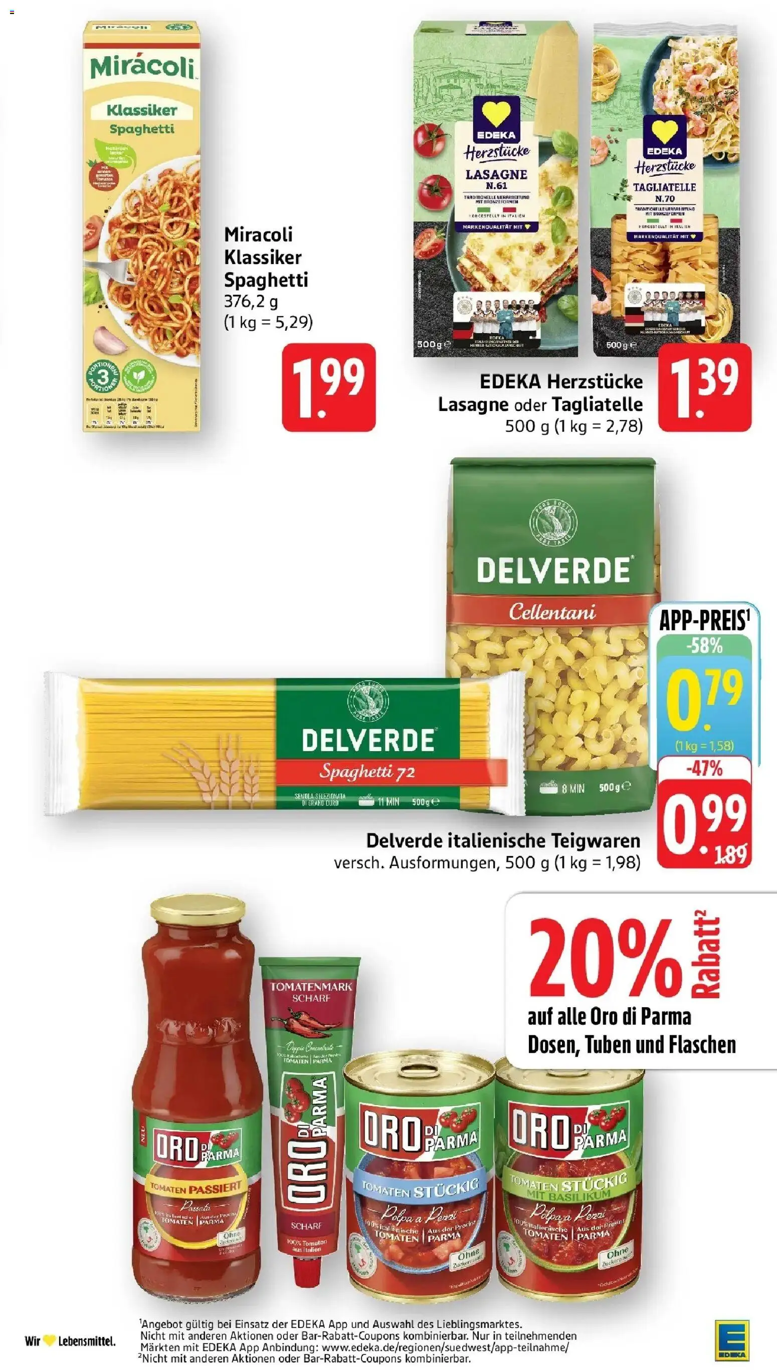 Vorschau von dem Prospekt des Geschäftes Edeka, gültig ab dem 26.10.2026 - Lasagne, Spaghetti, Tomaten, Oro di parma