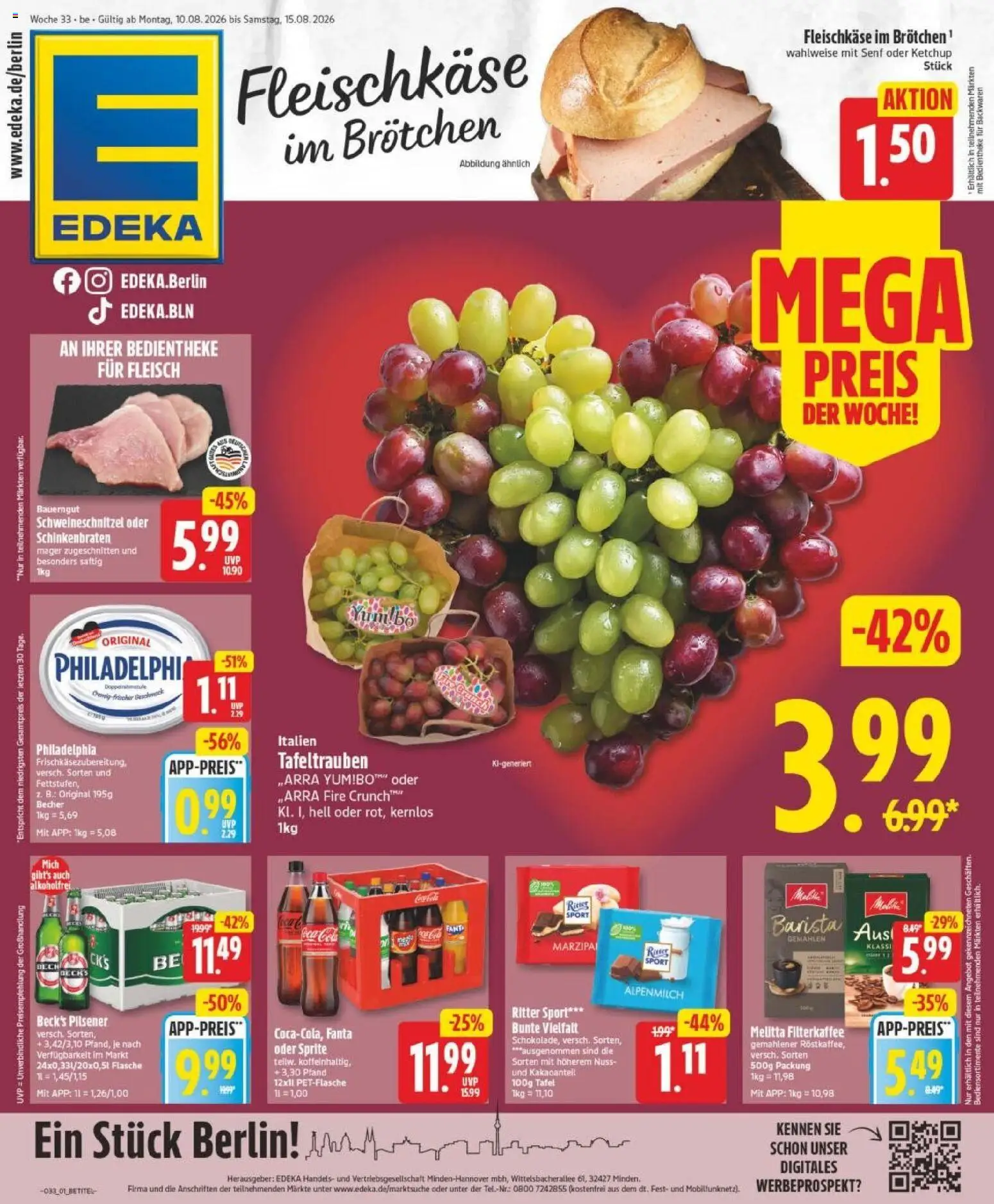Vorschau von dem Prospekt des Geschäftes Edeka, gültig ab dem 10.08.2026 - Philadelphia, Ritter sport, Fleisch, Fanta, Ketchup, Sprite, Melitta, Bauerngut