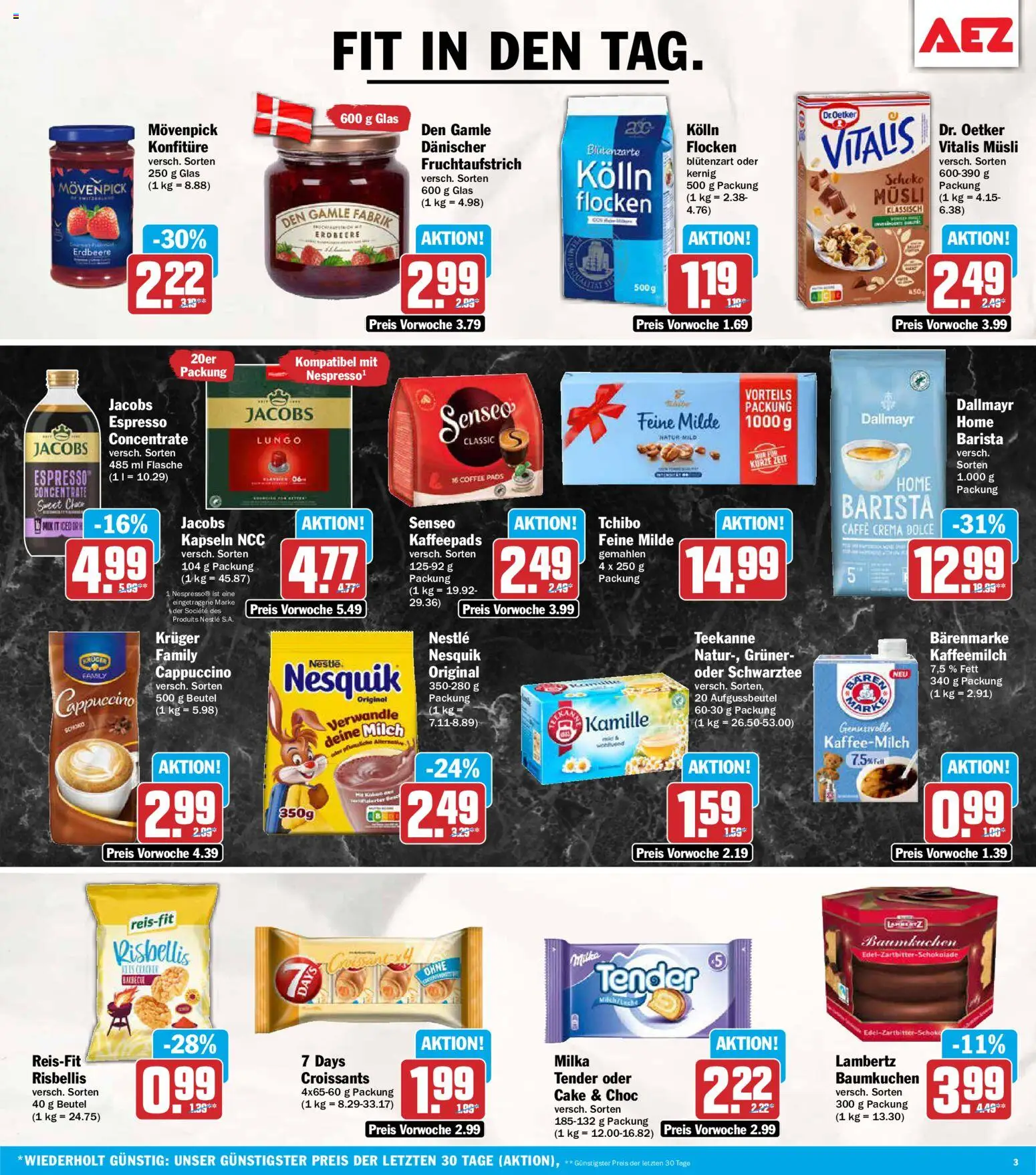Vorschau von dem Prospekt des Geschäftes AEZ, gültig ab dem 02.11.2026 - Teekanne, Milch, Milka, Nesquik, Kaffeepads, Flocken, Kolln, Musli