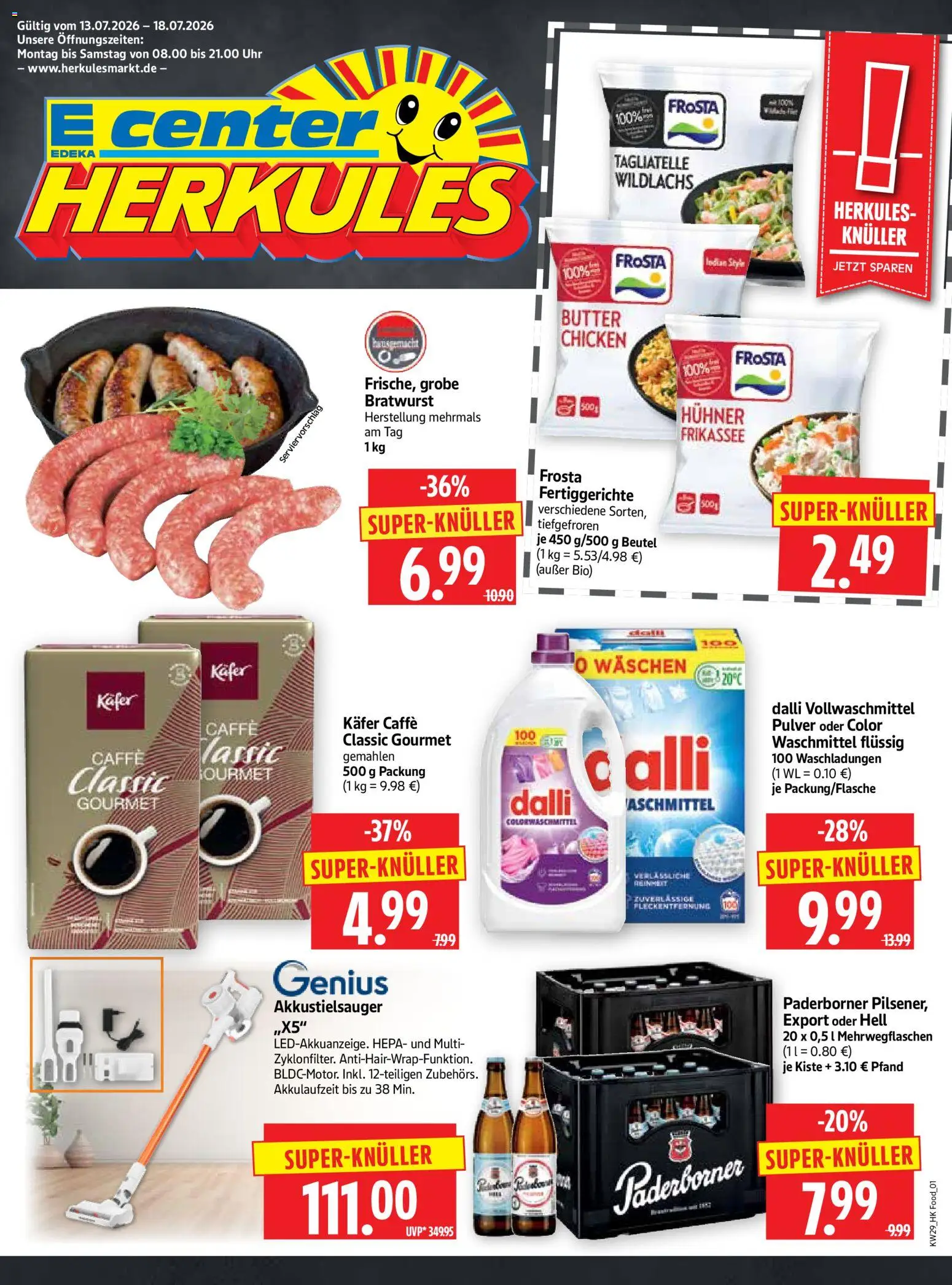 Vorschau von dem Prospekt des Geschäftes HERKULES, gültig ab dem 13.07.2026 - Uhr, Butter, Bratwurst, Frosta, Waschmittel, Fertiggerichte