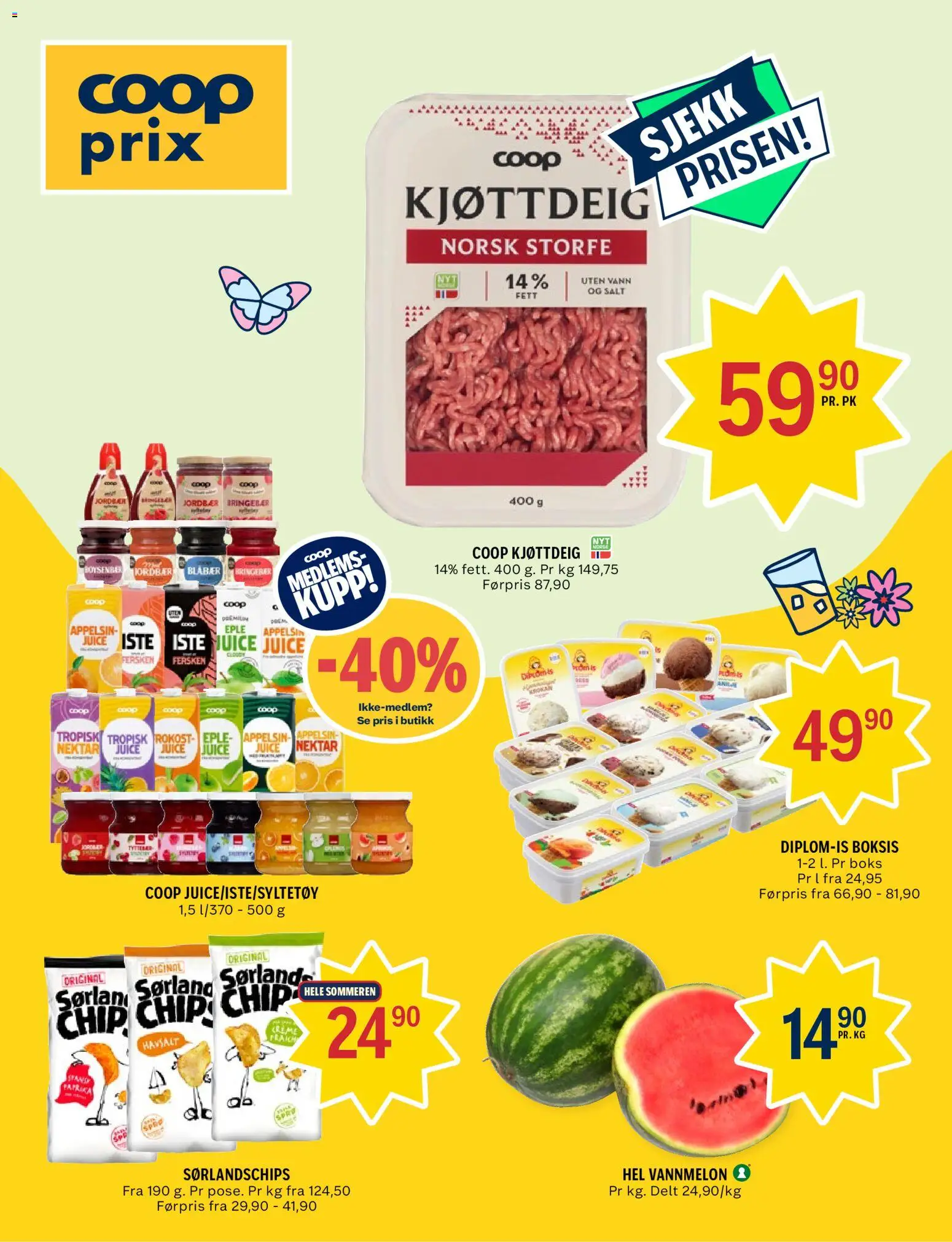 Forhåndsvis Coop Prix kundeavis fra butikk Coop Prix gyldig fra 06/07/2026 - Havsalt, Jordbær, Fersken, Kjøttdeig, Salt, Sørlandschips, Vann, Iste
