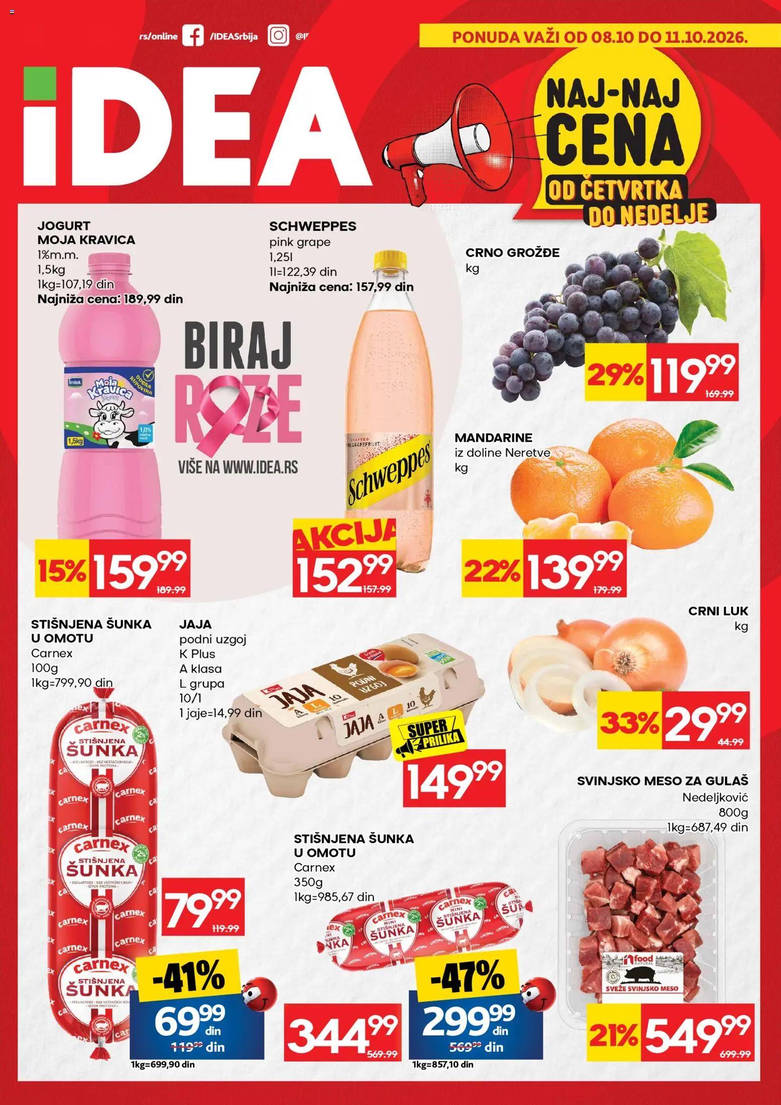 Pregled Idea kataloga - važi od 08.10.2026 - Schweppes, Grožđe, Moja kravica, Meso, Jogurt, Šunka, Luk, Mandarine