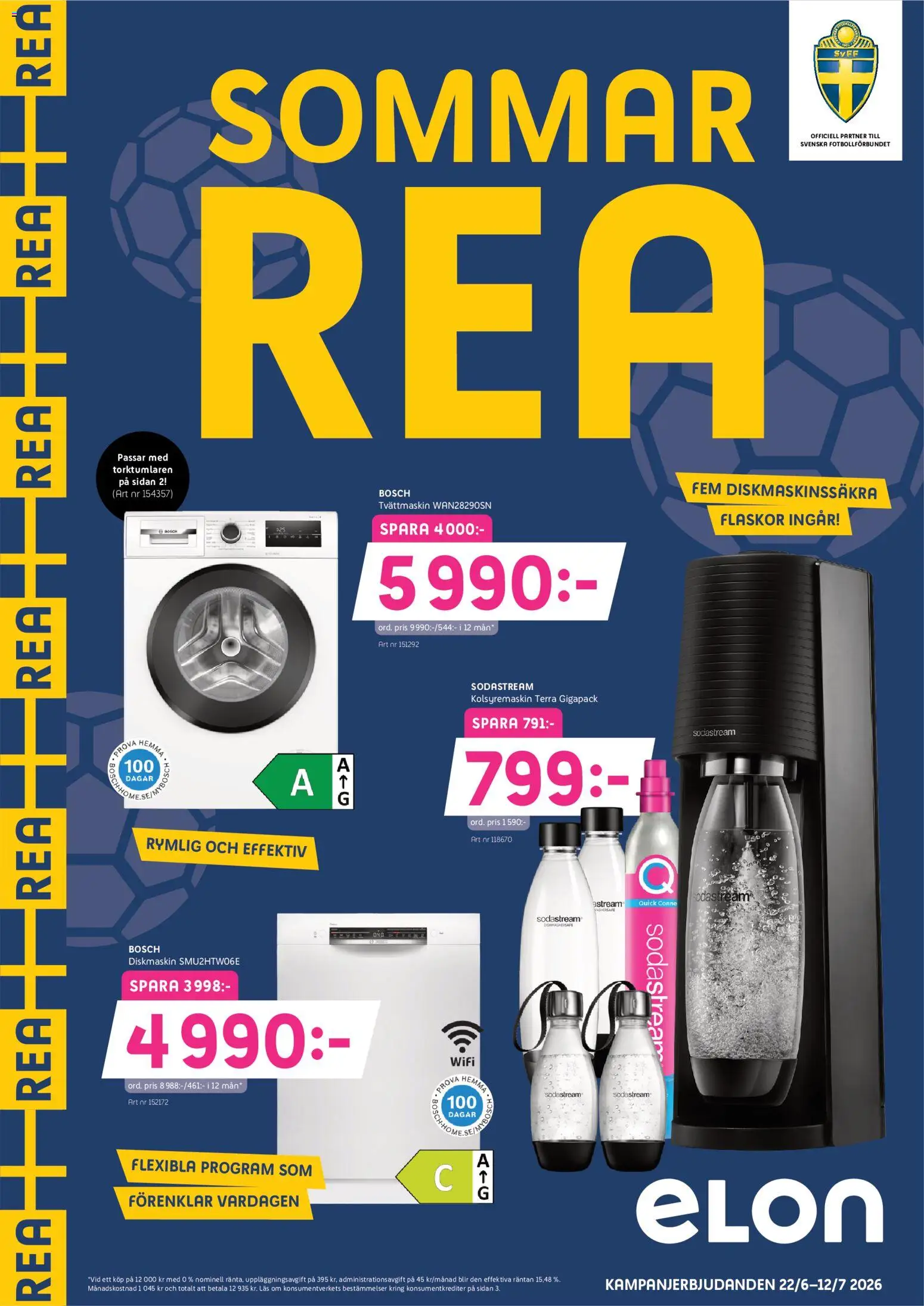 Förhandsgranska reklamblad Elon erbjudanden från butik Elon gäller från 22/06/2026 - Tvättmaskin, Diskmaskin, Sodastream, Wifi, Kolsyremaskin