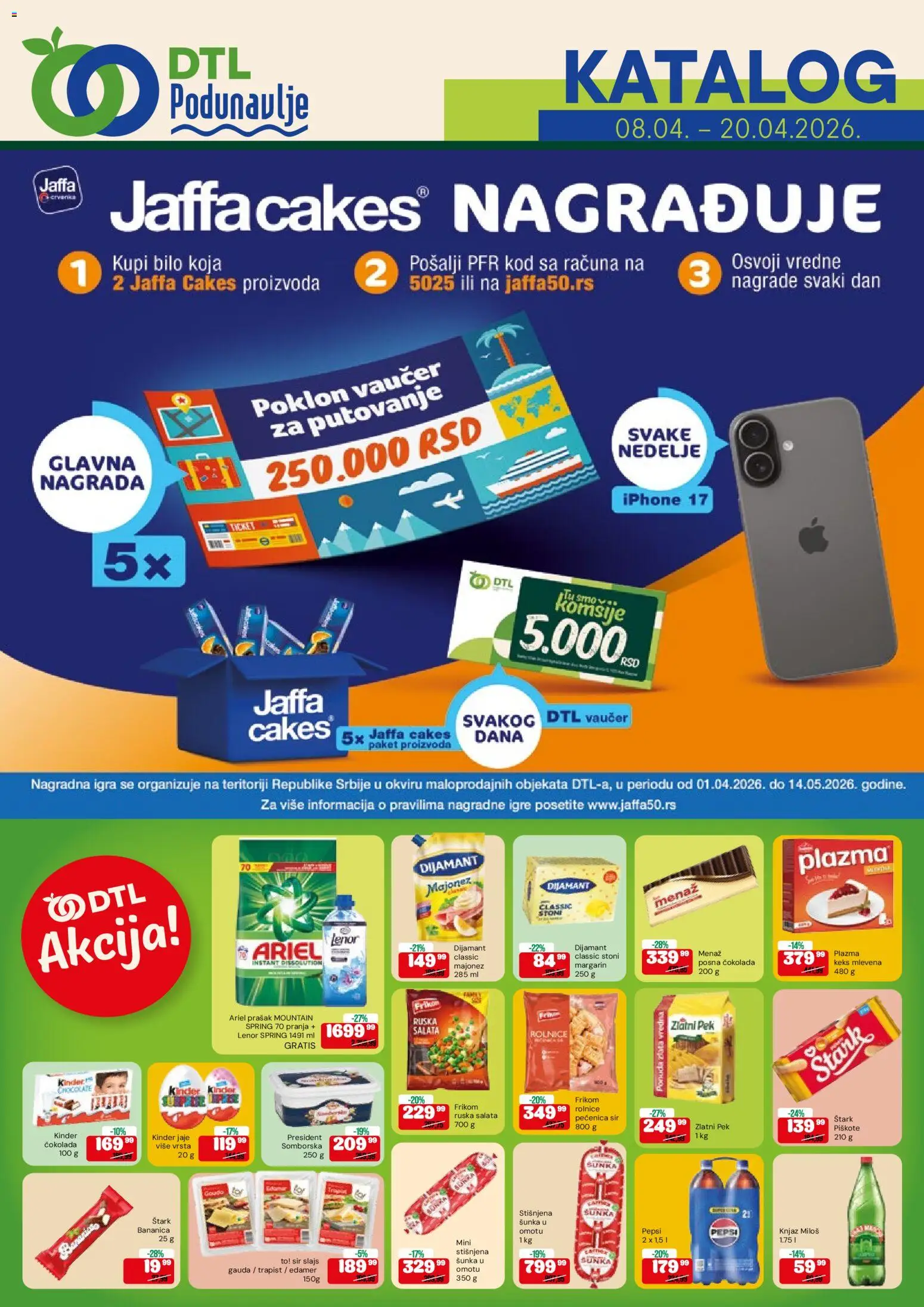 Pregled Podunavlje kataloga - važi od 08.04.2026 - Čokolada, Ariel, Keks, Pepsi, Lenor, Sir, Šunka, Plazma
