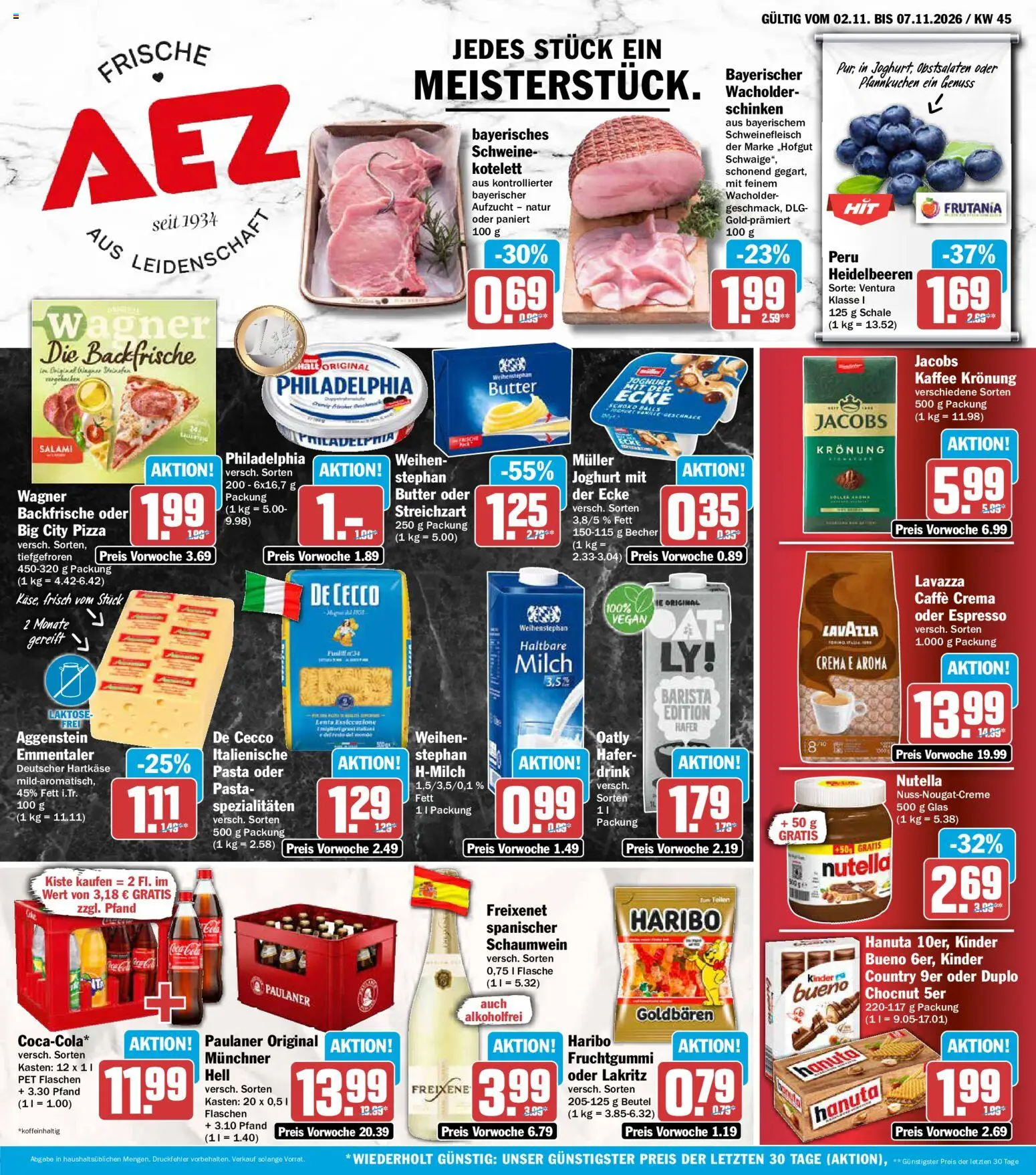 Vorschau von dem Prospekt des Geschäftes AEZ, gültig ab dem 02.11.2026 - Kaffee, Pfannkuchen, Joghurt, Heidelbeeren, Lavazza, Schinken, Oatly, Freixenet