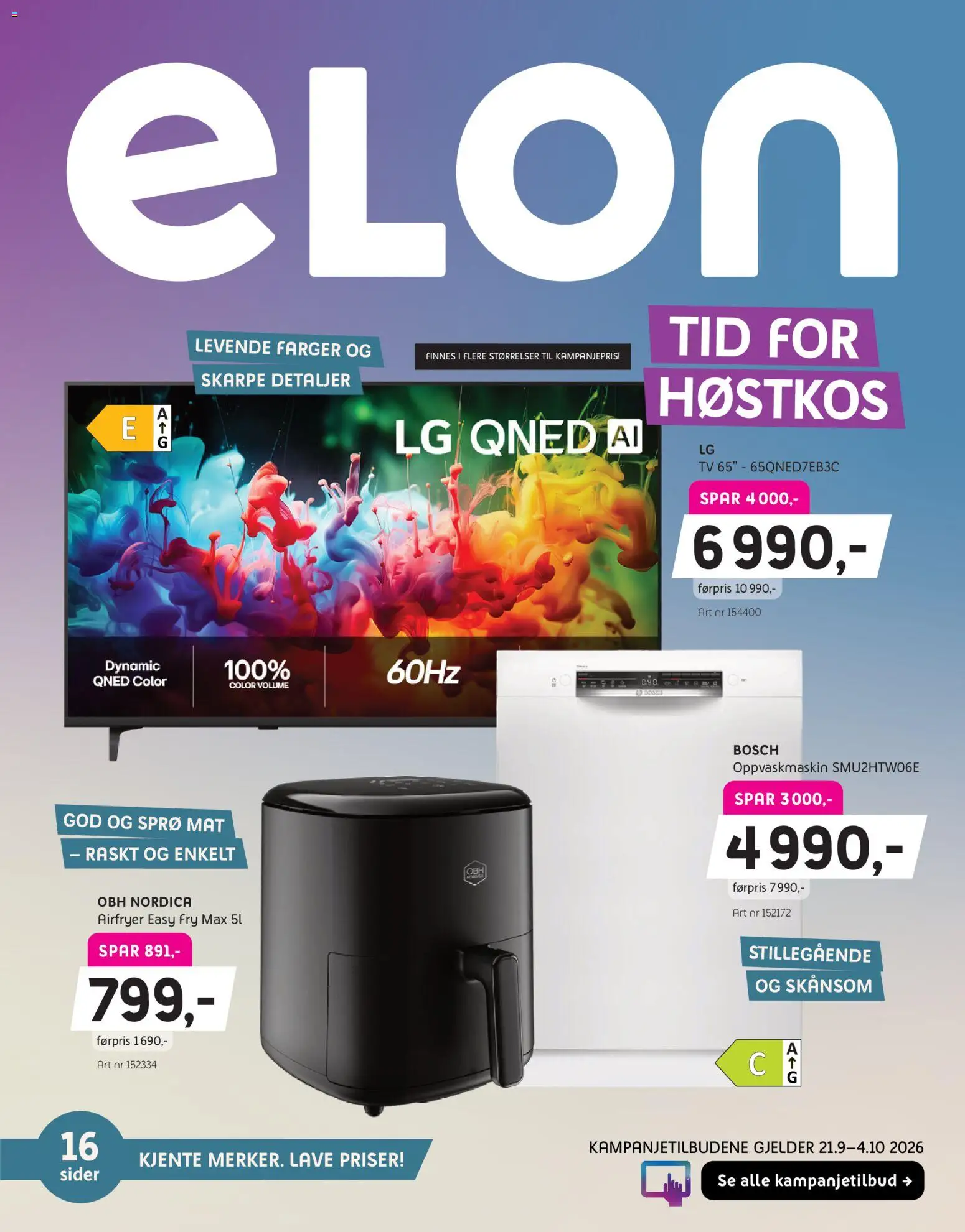 Forhåndsvis Elon kundeavis fra butikk Elon gyldig fra 21/09/2026 - Airfryer, Tv, Oppvaskmaskin, Mat