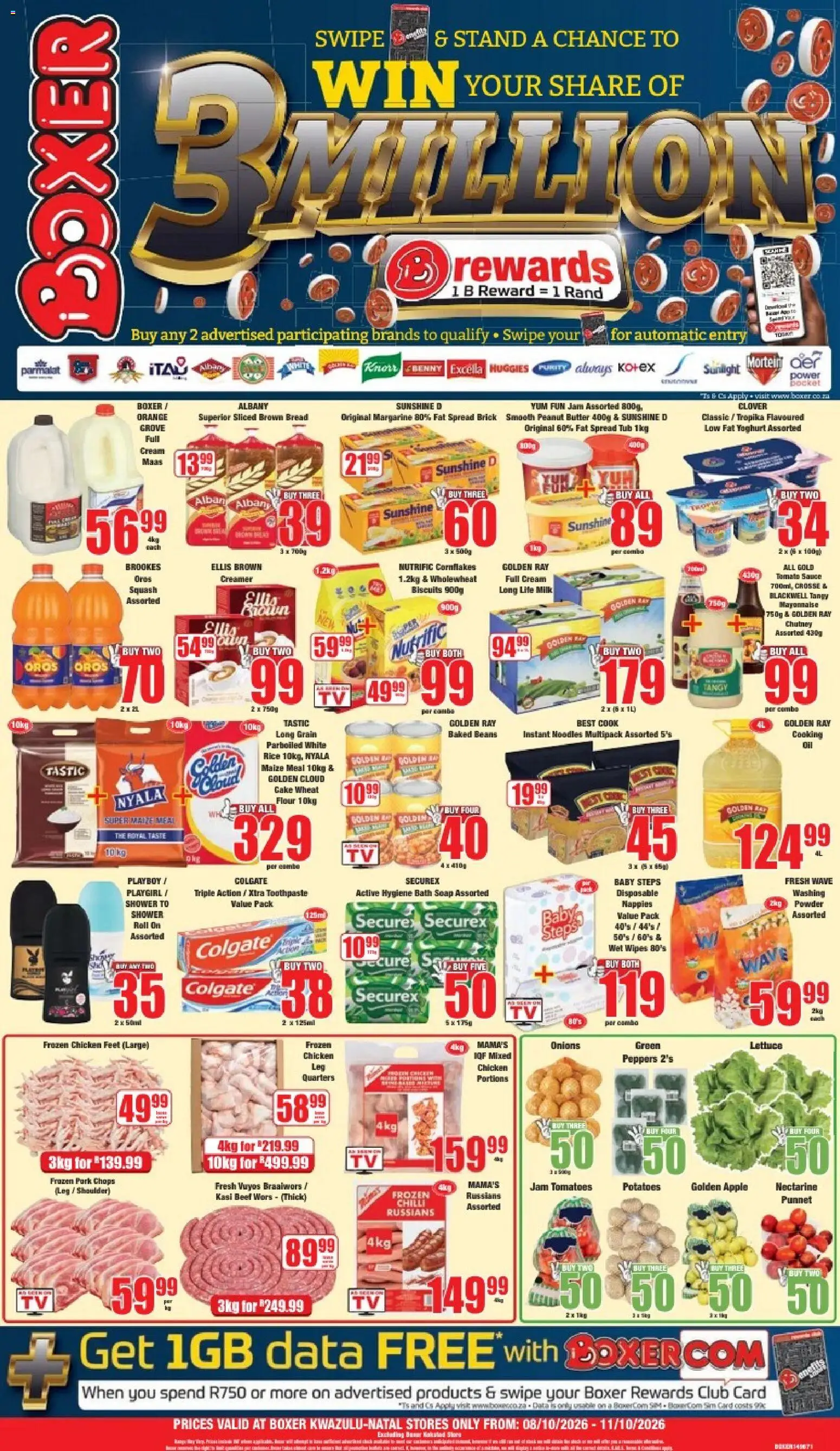Preview of Boxer flyer valid from 08/10/2026 - Protein, Milk, Bread, Maize meal, Squash, Lettuce, Margarine, Baked beans