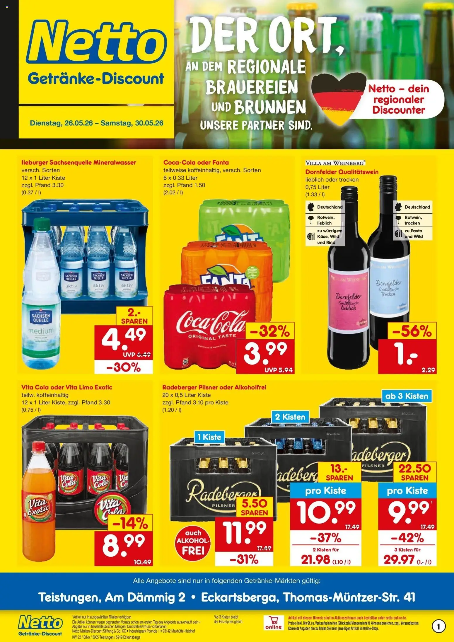 Vorschau von dem Prospekt des Geschäftes Netto Marken-Discount, gültig ab dem 26.05.2026 - Pasta, Cola, Mineralwasser, Alkohol, Fanta, Vita cola, Radeberger pilsner