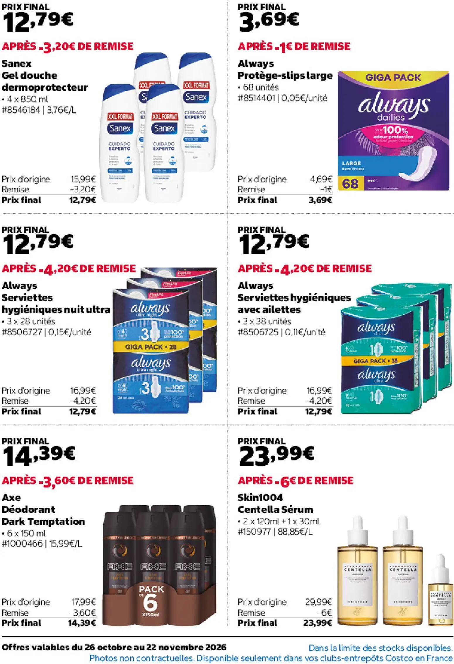Prévisualisation de Costco catalogue du magasin Costco formulaire valide 26/10/2026 - Gel douche, Serviettes hygiéniques, Douche, Always, Serum, Déodorant, Serviettes, Always ultra