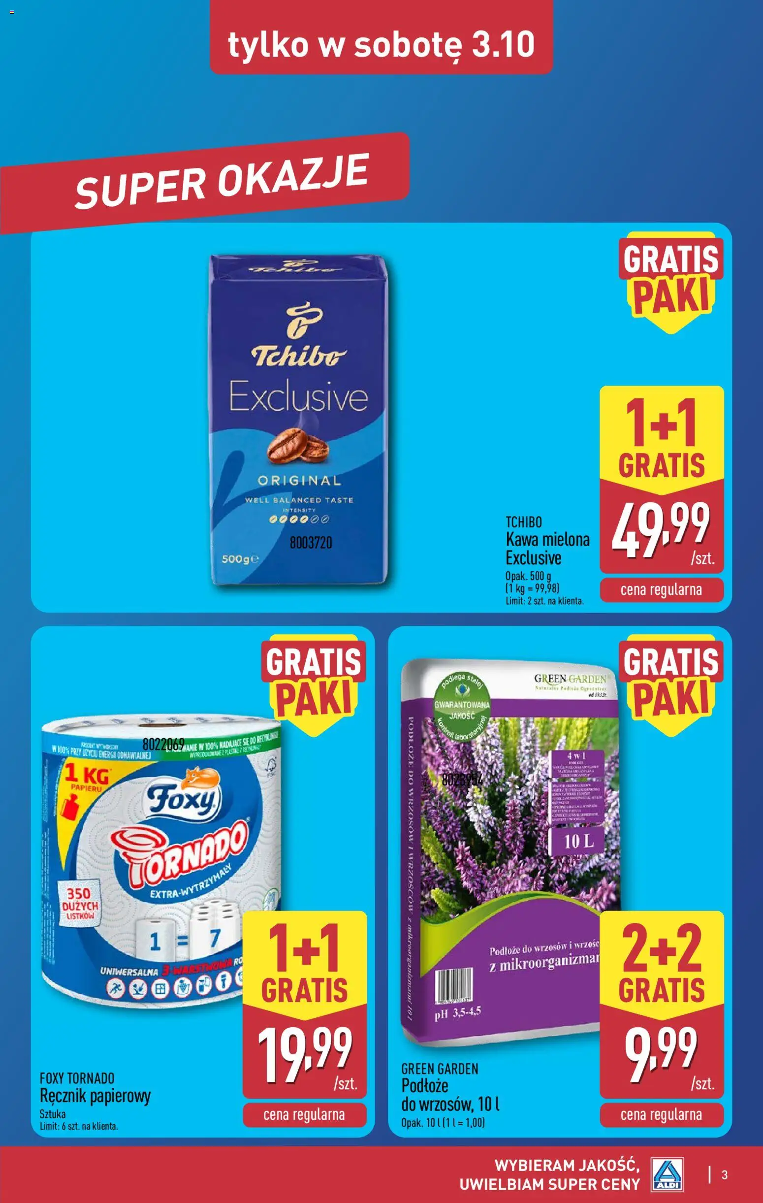 Pogląd gazetki "Aldi gazetka - Oferta weekendowa" ze sklepu Aldi ważnej od 01.10.2026 - Tchibo, Kawa, Ręcznik papierowy, Kawa mielona, Tchibo exclusive, Podłoże