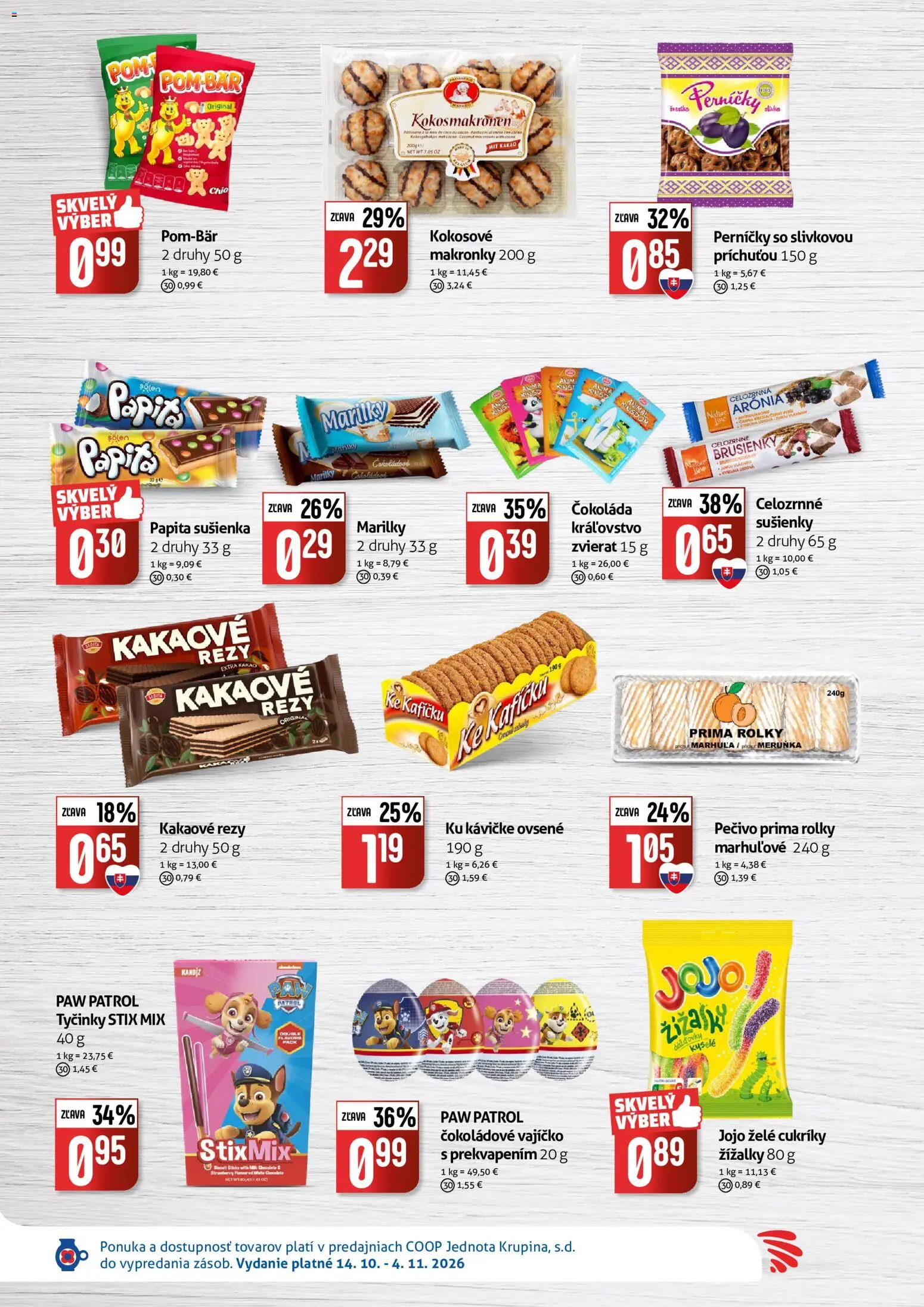 Náhľad COOP Jednota letáku platného od 14.10.2026 - Čokoláda, Makronky, Kakao, Pečivo, Cukríky, Sušienky, Čokoládové vajíčko