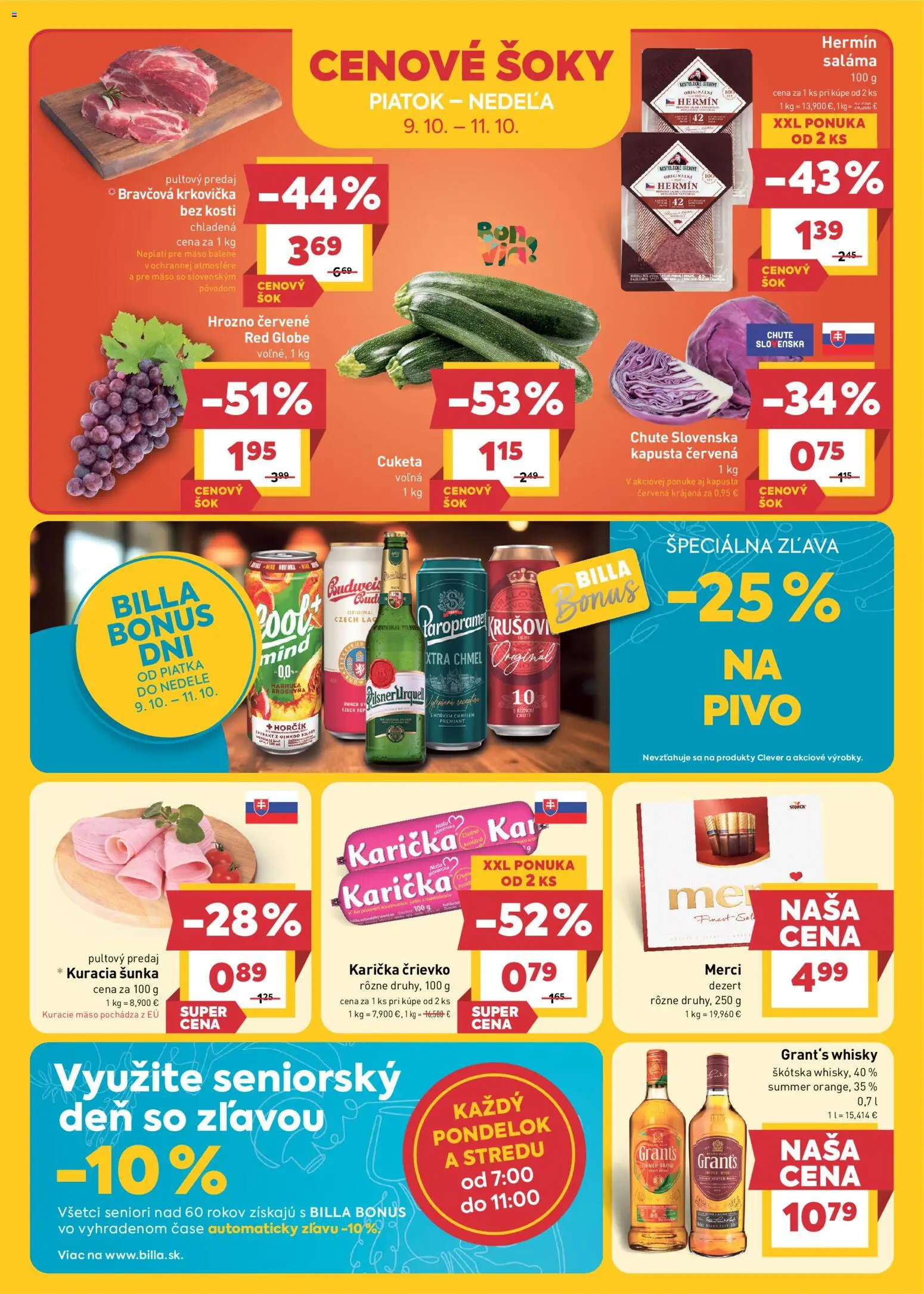 Náhľad Billa letáku platného od 07.10.2026 - Whisky, Kapusta, Merci, Hrozno, Šunka, Grant's Whisky, Kuracia šunka, Kapusta červená