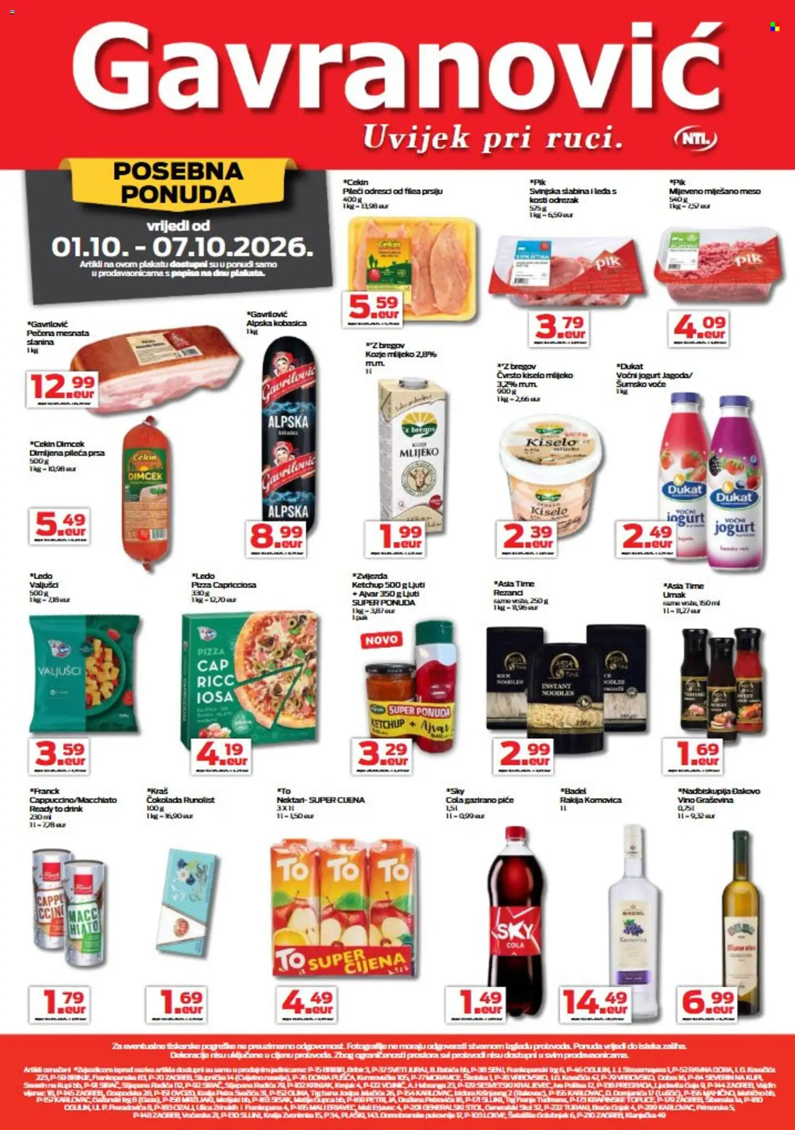 Pregled letka Gavranović Katalog trgovine Gavranović vrijedi od 01.10.2026 - Pizza, Mlijeko, Vino, Leća, Badel, Jogurt, Voće, Voćni jogurt