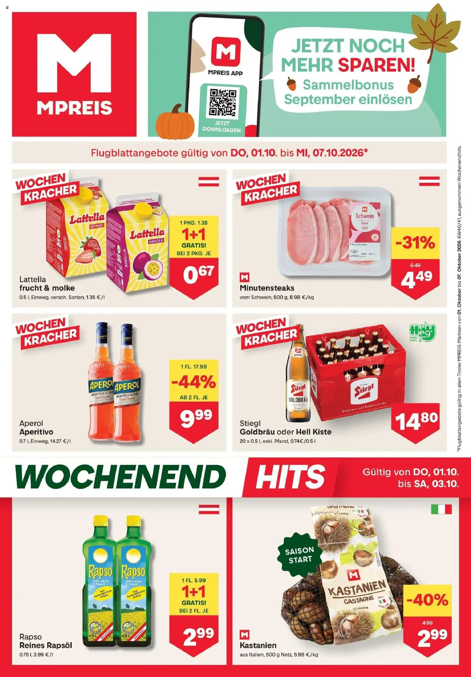 Vorschau der Angebote: MPREIS MPREIS Pfunds gültig ab 01.10.2026 - Aperol, Rapsöl