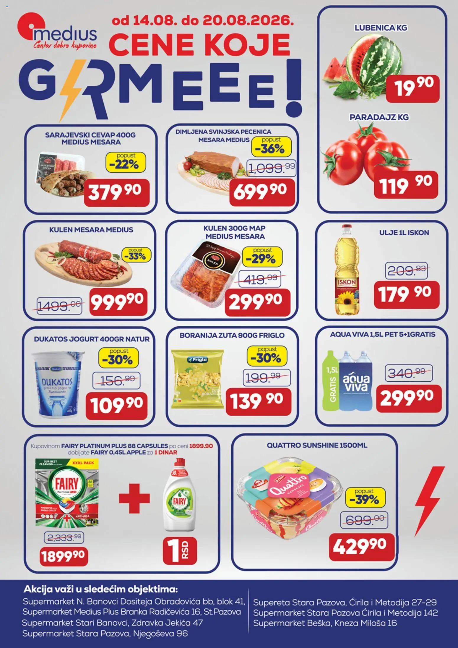 Pregled Medius kataloga - važi od 14.08.2026 - Boranija, Paradajz, Lubenica, Ćevap, Jogurt, Ulje, Pečenica, Dukatos