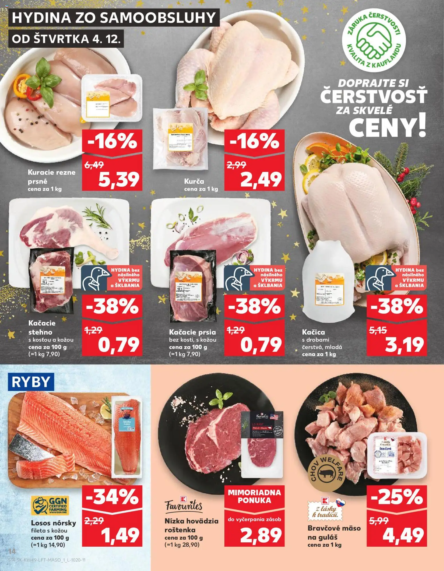 Náhľad Kaufland letáku platného od 04.12.2025 - Mäso, Steak, Ryby, Losos, Roštenka, Kuracie rezne, Kačica, Kurča