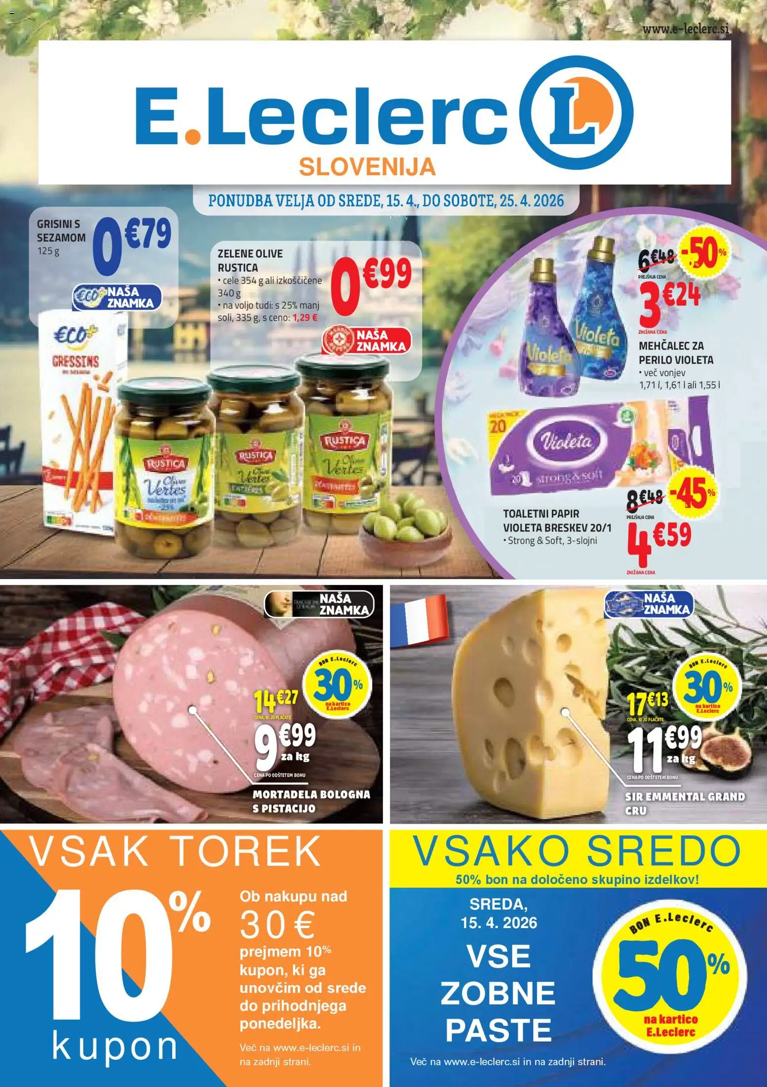 Predogled kataloga iz trgovine E.leclerc veljaven od 15.04.2026 - Sir, Breskev, Mortadela, Olive, Grisini, Mehčalec, Toaletni papir