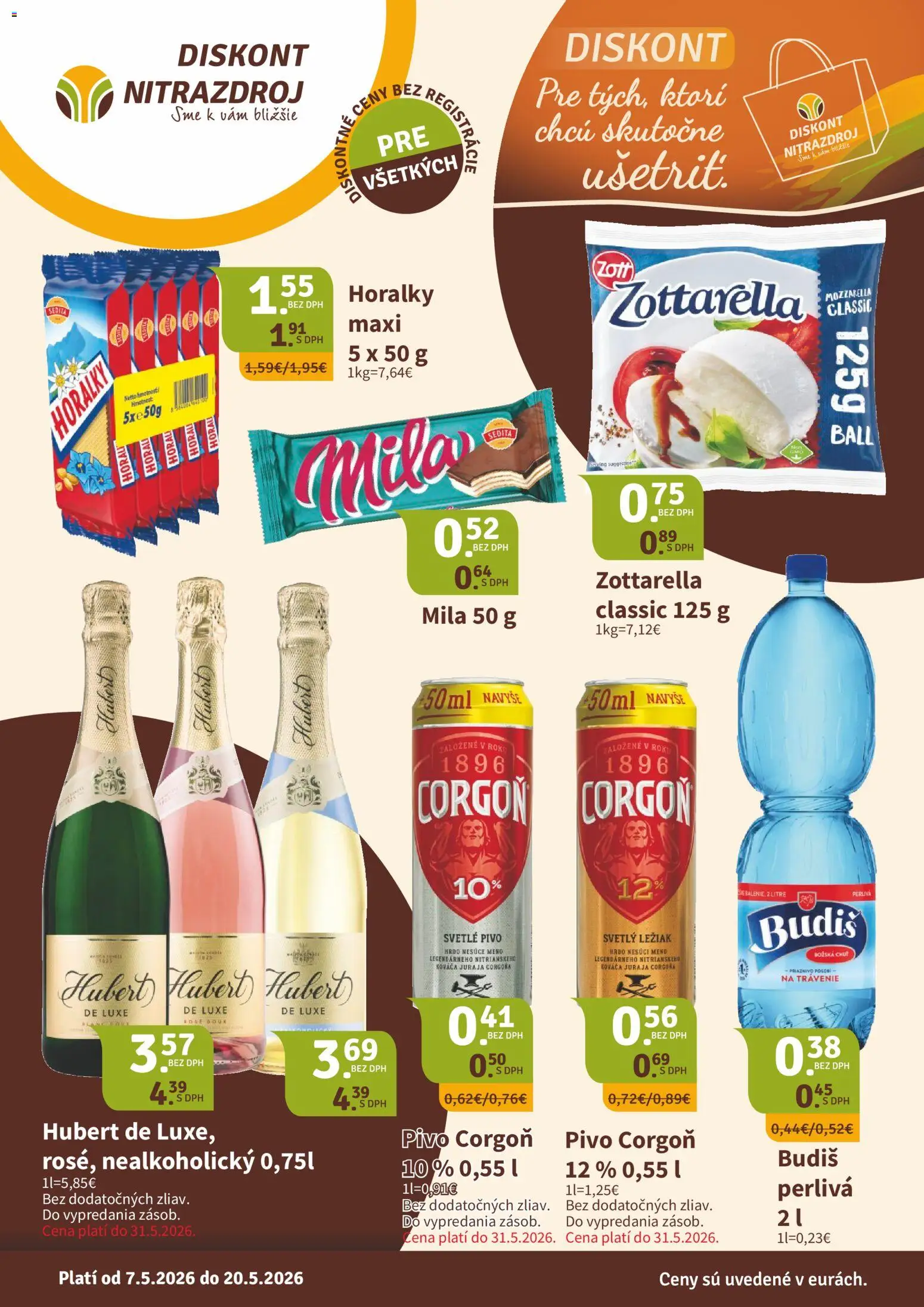 Náhľad Nitrazdroj letáku platného od 07.05.2026 - Pivo, Mozzarella, Budiš, Mila, Corgoň, Horálky