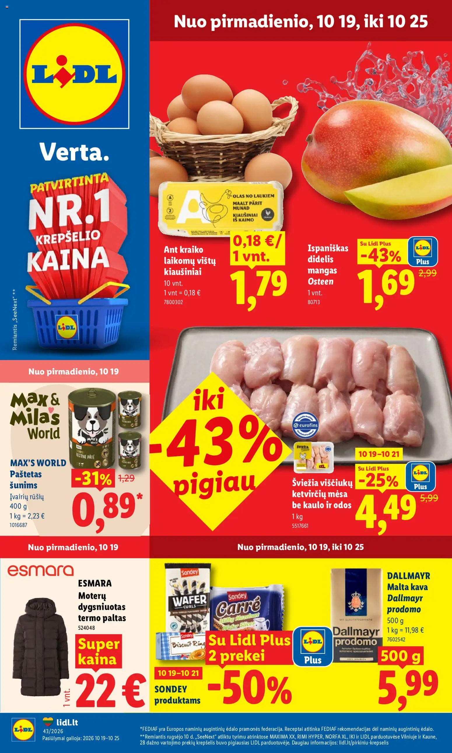 LIDL parduotuvės leidinio LIDL leidinys galiojančio nuo 2026.10.19 peržiūra - Kava, Kiaušiniai, Paltas, Krepšelis, Paštetas