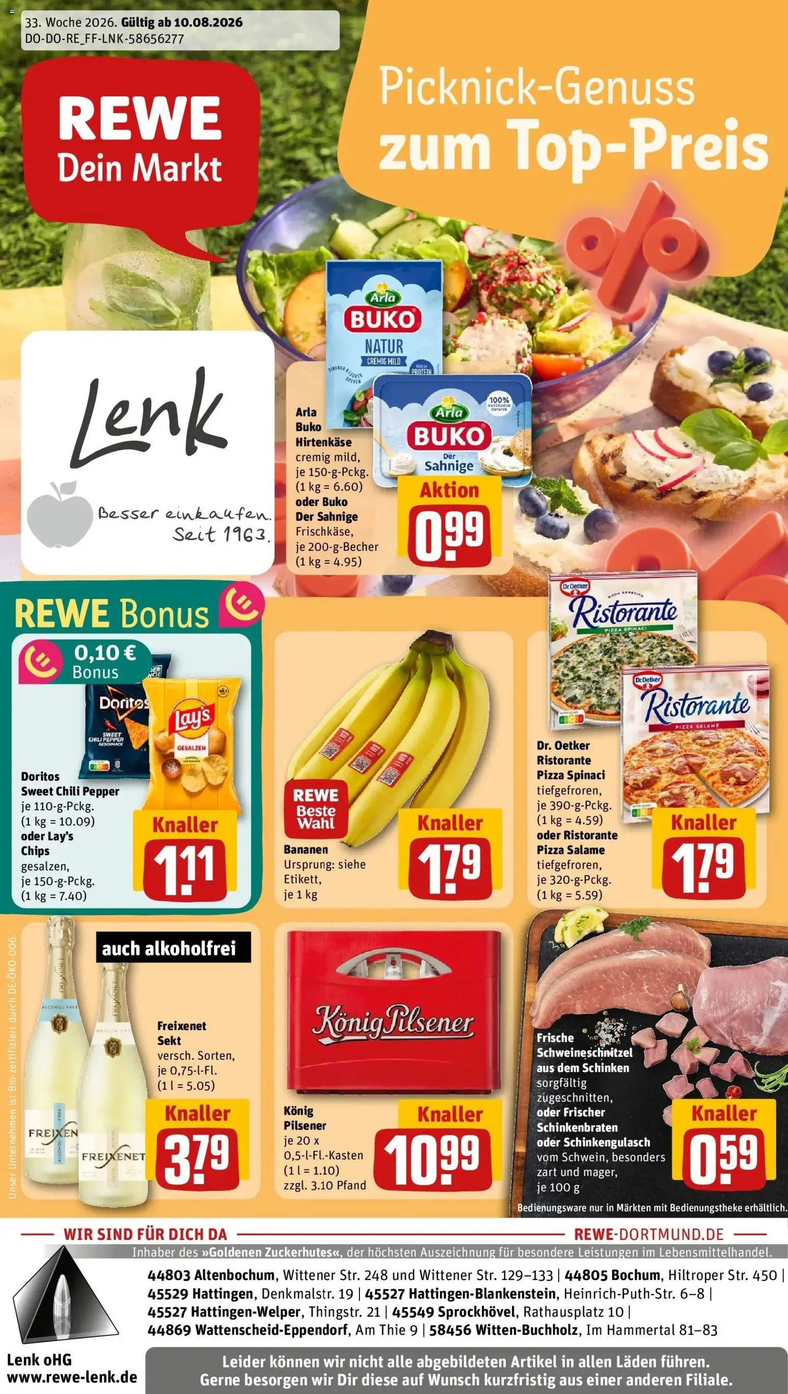 Vorschau von dem Prospekt des Geschäftes Rewe, gültig ab dem 10.08.2026 - Pizza, Bananen, Ristorante, Chili, Sekt, Schinken, Freixenet, Arla buko