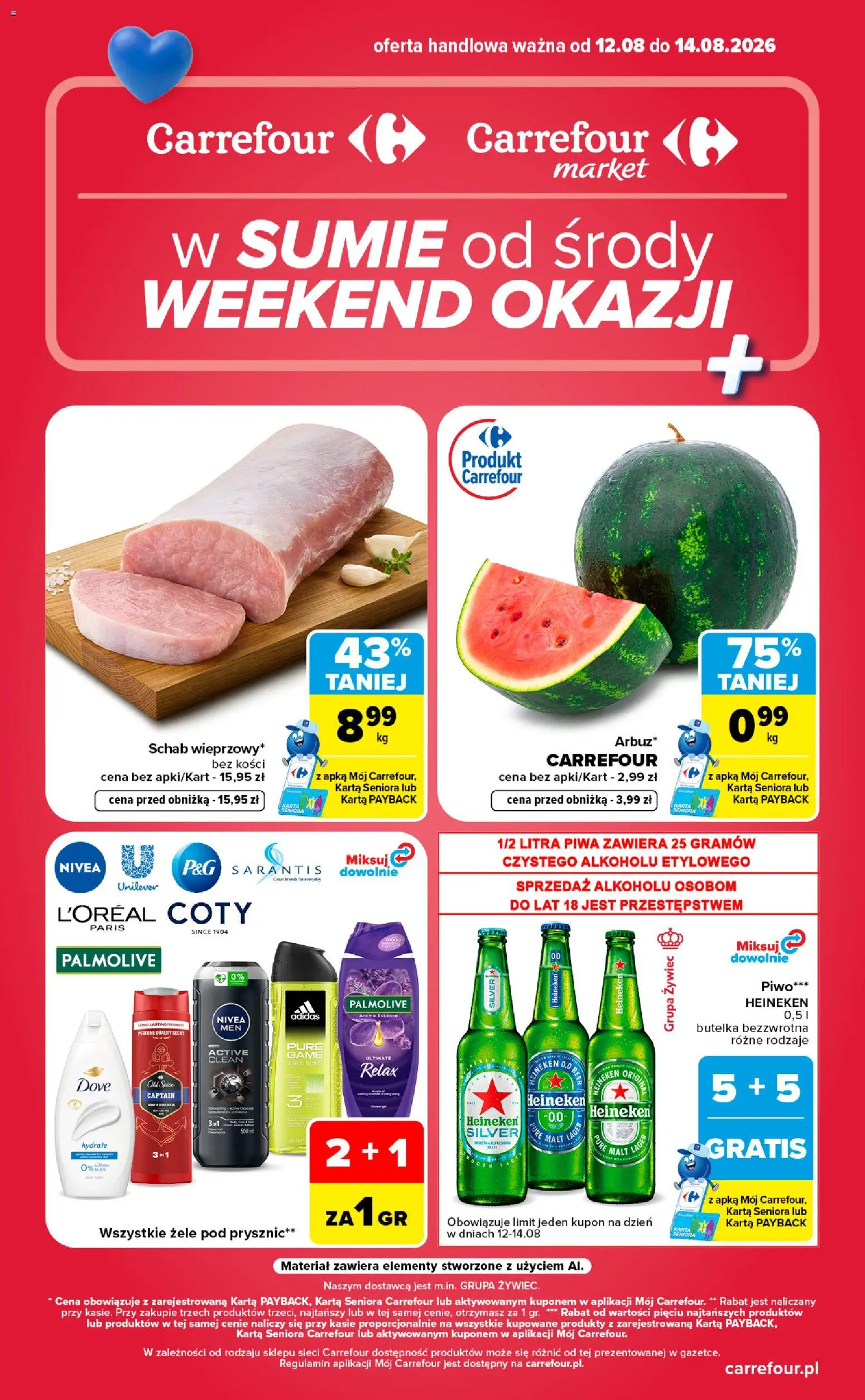Pogląd gazetki "Carrefour gazetka - Weekend okazji" ze sklepu Carrefour ważnej od 12.08.2026 - Piwo, Prysznic, Schab, Old spice, Heineken, Karta, Dove, Heineken Silver