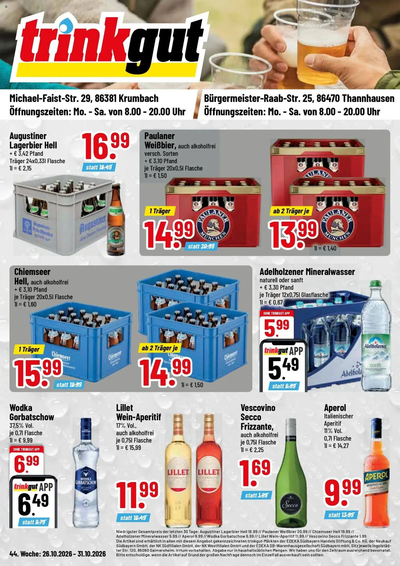 Vorschau von dem Prospekt des Geschäftes Trinkgut, gültig ab dem 26.10.2026 - Lillet, Uhr, Aperol, Mineralwasser, Paulaner, Wodka, Adelholzener, Weißbier
