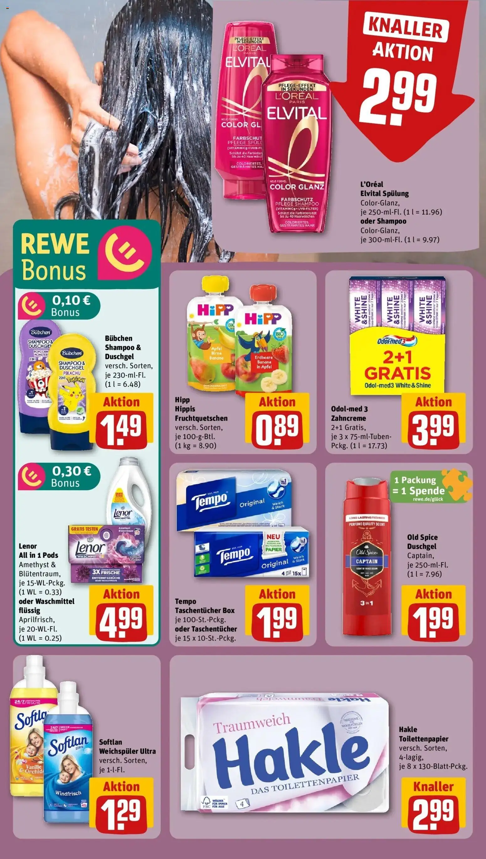Vorschau von dem Prospekt des Geschäftes Rewe, gültig ab dem 05.04.2026 - Äpfel, Toilettenpapier, Popcorn, Birne, Waschmittel, Lenor, Duschgel, Spülung