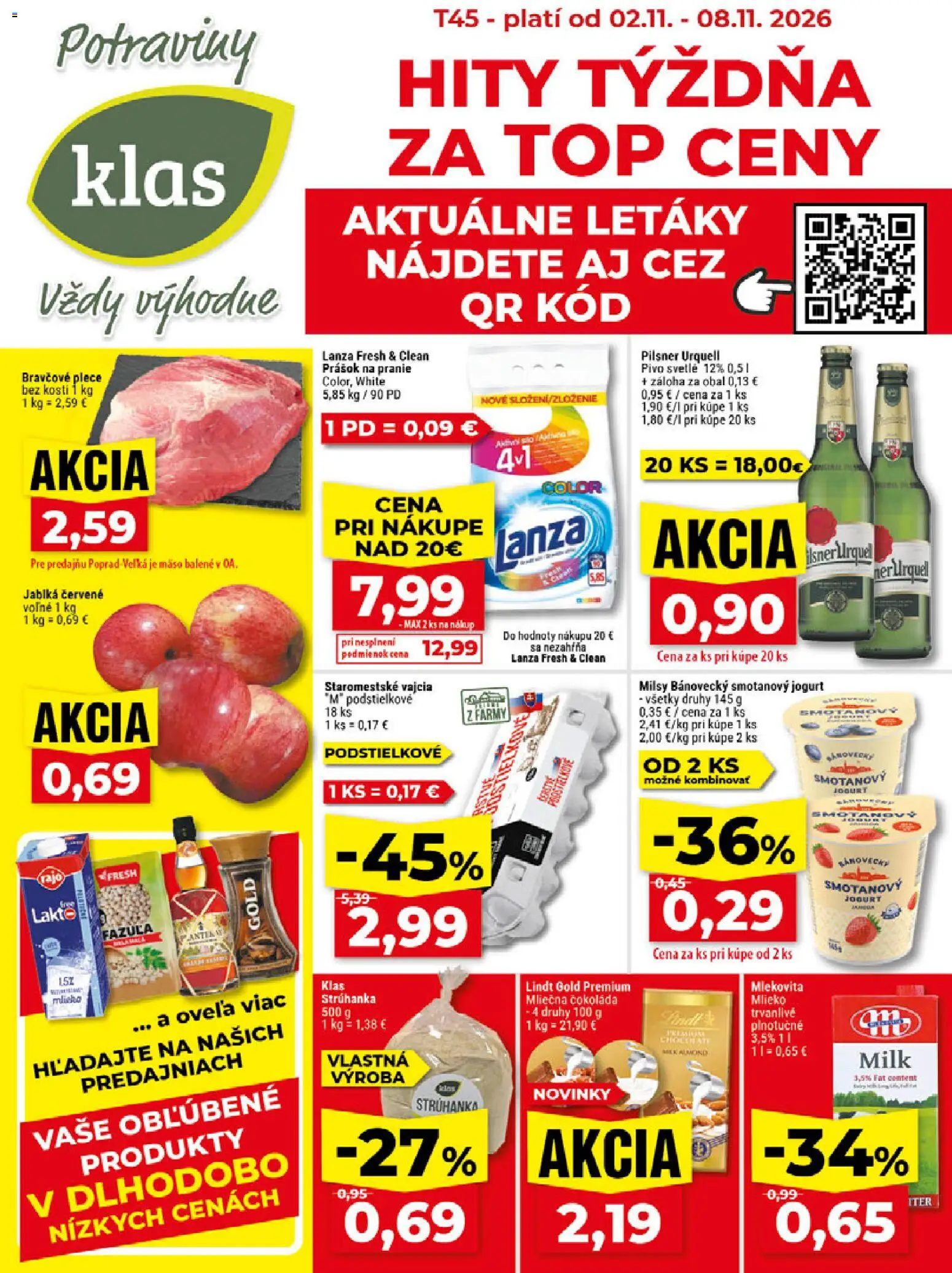 Náhľad Klas letáku platného od 02.11.2026 - Pilsner Urquell, Lindt, Mlieko, Fazuľa, Jablká, Prášok na pranie, Strúhanka, Smotanový jogurt