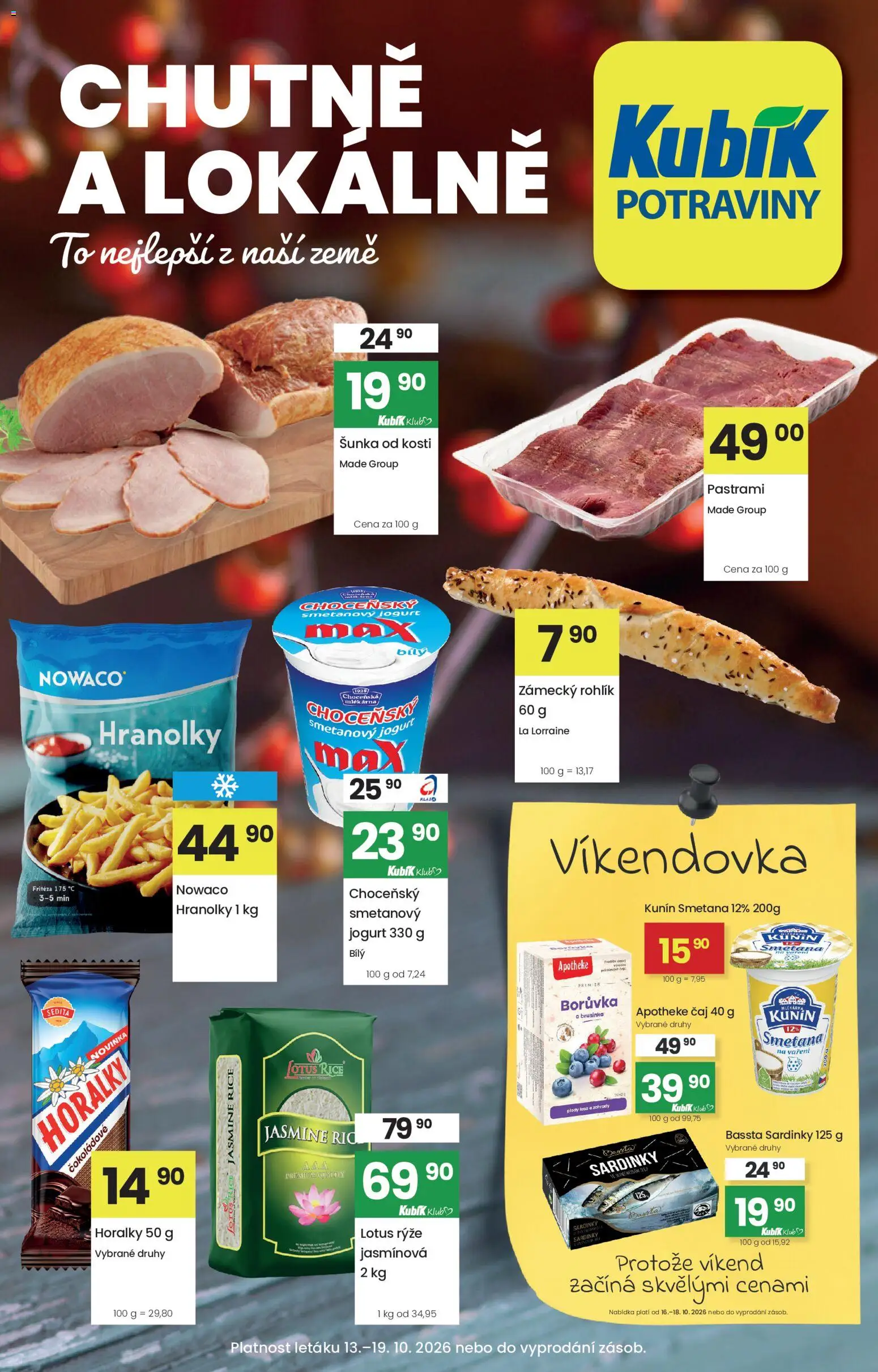 Náhled nabídky: Kubík Kubík leták platný od 13.10.2026 - Rohlík, Potraviny, Jogurt, Hranolky, Fritéza, Smetana na vaření, Horalky, Smetanový jogurt