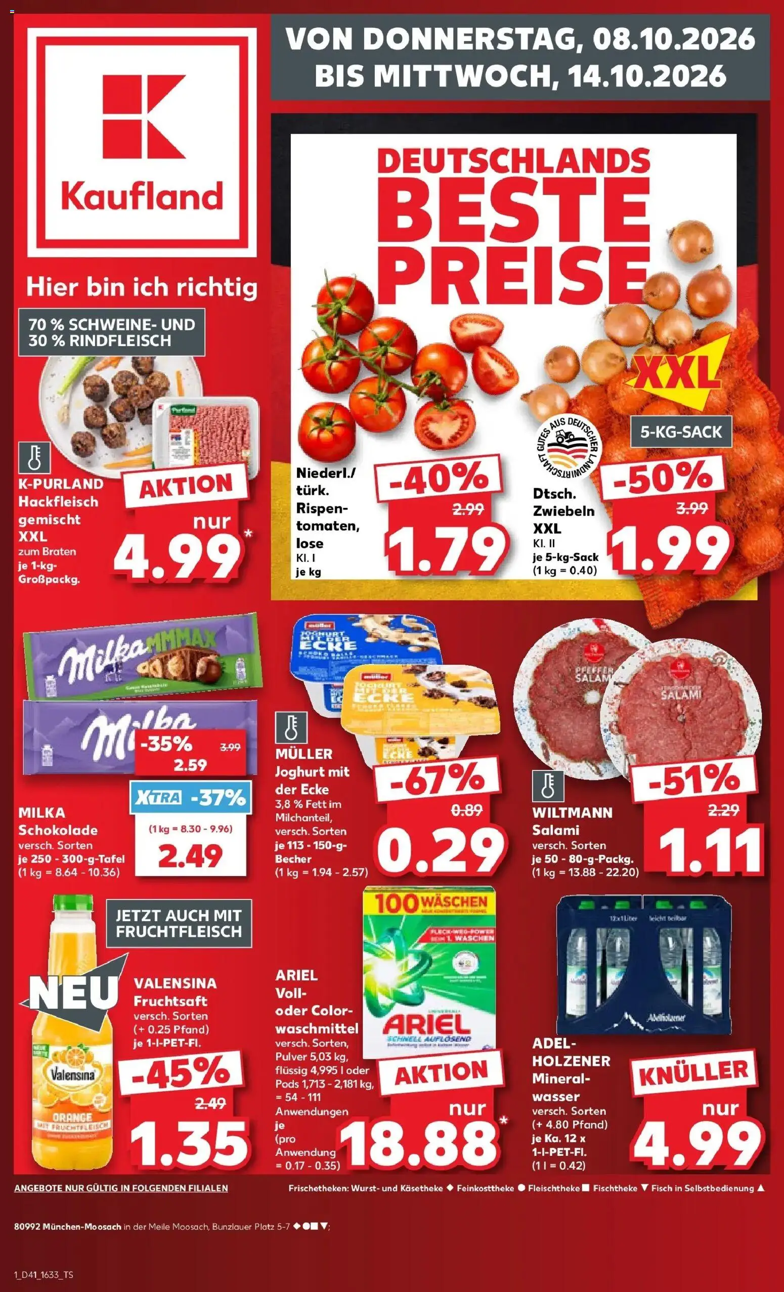 Vorschau von dem Prospekt des Geschäftes Kaufland, gültig ab dem 08.10.2026 - Wasser, Joghurt, Milka, Ariel, Salami, Zwiebeln, Valensina, Fruchtsaft