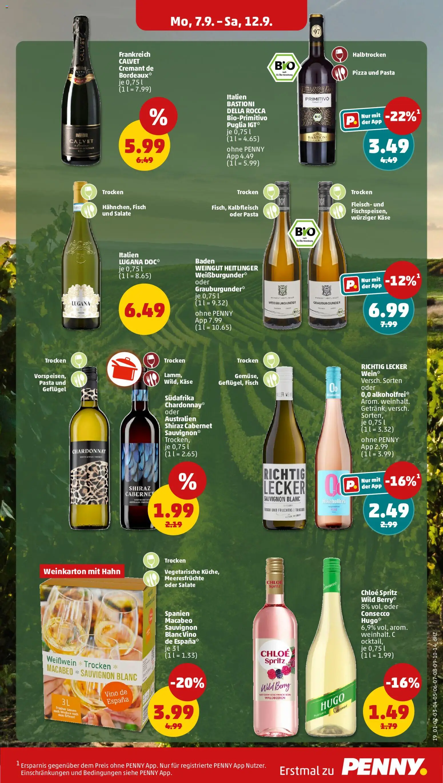 Vorschau von dem Prospekt des Geschäftes Penny, gültig ab dem 07.09.2026 - Pizza, Käse, Pasta, Gemüse, Hugo, Fleisch, Weißwein, Meeresfrüchte