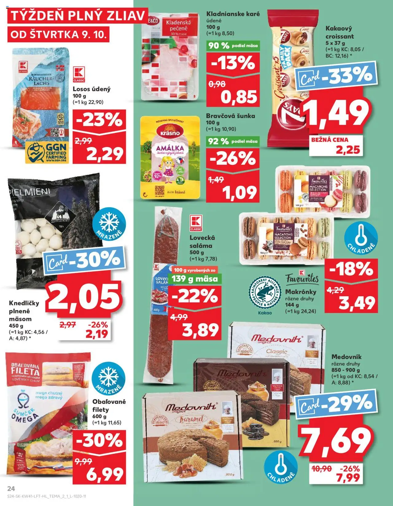 Náhľad Kaufland letáku platného od 09.10.2025 - Medovník, Losos, Croissant, Makronky, Kakao, Šunka, Saláma