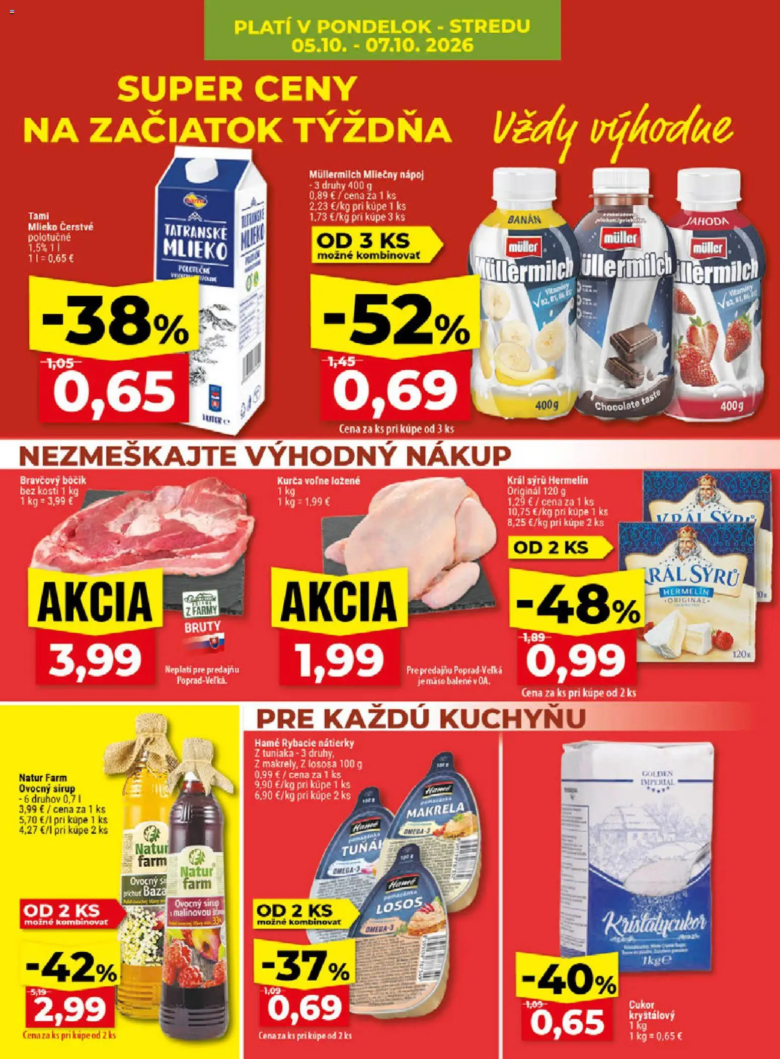 Náhľad Klas letáku platného od 05.10.2026 - Losos, Mlieko, Sirup, Makrela, Bôčik, Bravčový bôčik, Kurča, Ovocný sirup