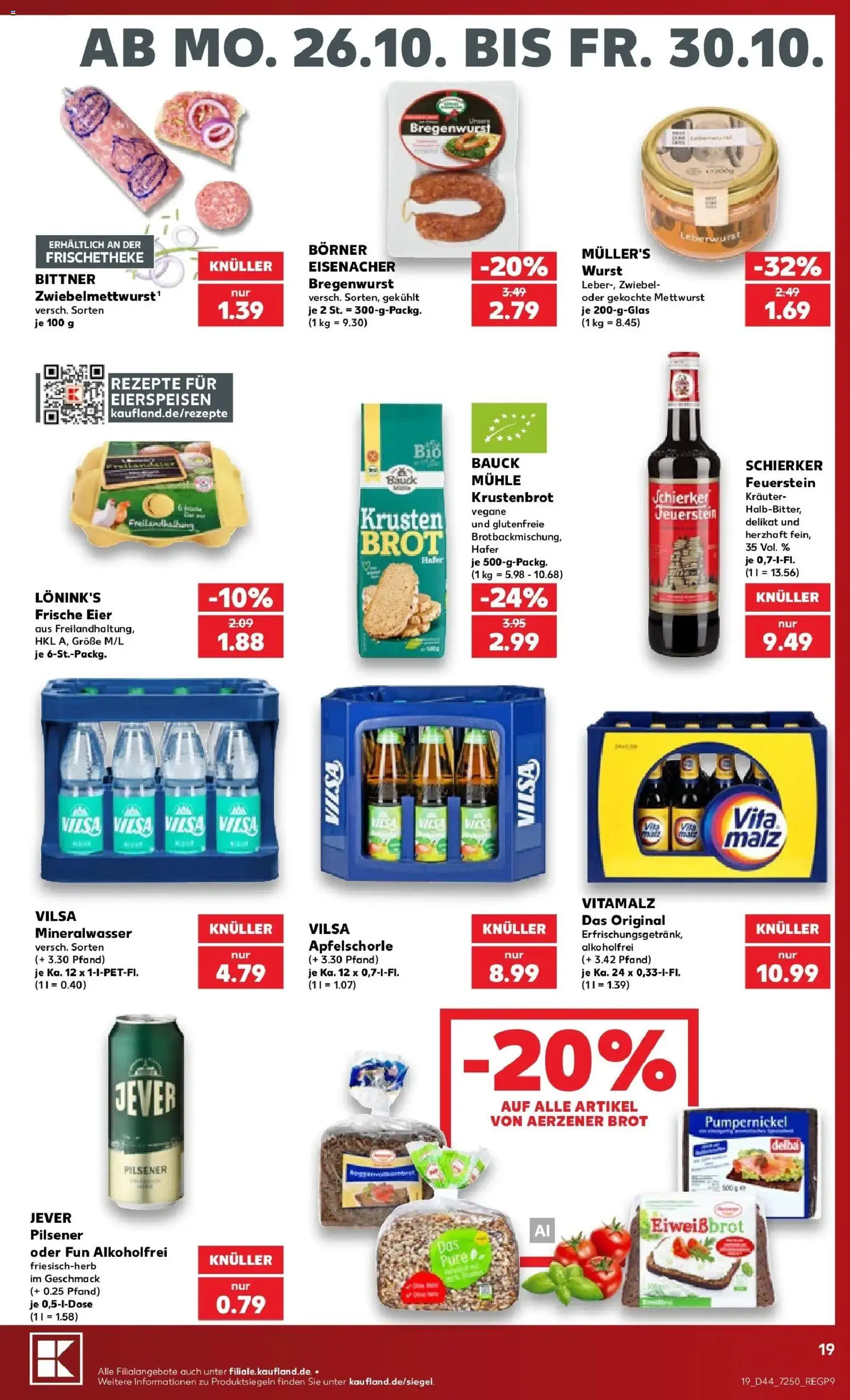Vorschau von dem Prospekt des Geschäftes Kaufland, gültig ab dem 26.10.2026 - Wurst, Mineralwasser, Brot, Jever, Eier, Mühle