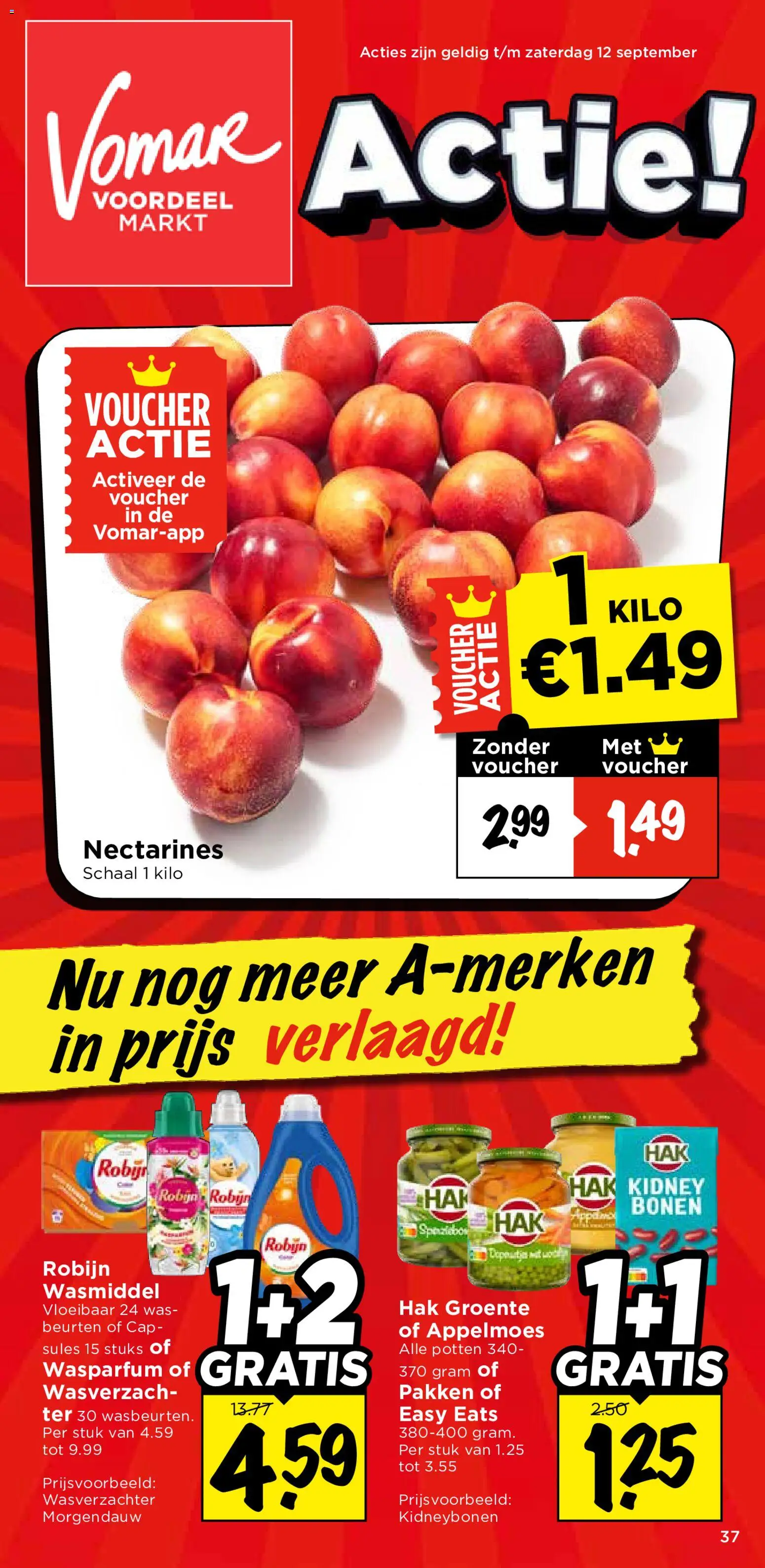 Voorbeeld van Vomar folder - Weekend folder 37 van winkel Vomar geldig vanaf 12-09-2026 - Was, Wasmiddel, Nectarines, Robijn, Wasverzachter, Schaal, Bonen, Appelmoes