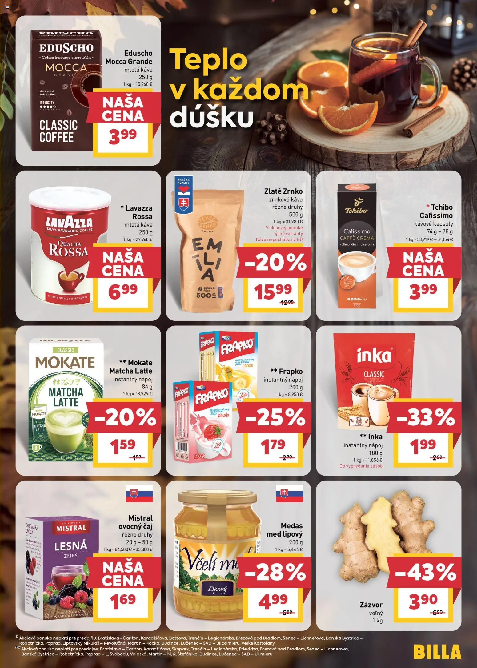 Náhľad Billa letáku platného od 07.10.2026 - Med, Káva, Matcha, Čaj, Lavazza, Zrnková káva, Mletá káva, Ovocný čaj