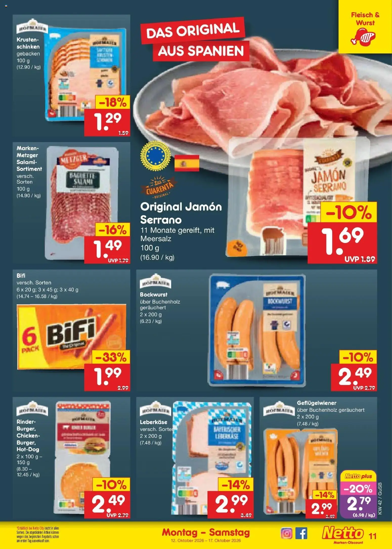 Vorschau von dem Prospekt des Geschäftes Netto Marken-Discount, gültig ab dem 12.10.2026 - Wurst, Baguette, Fleisch, Salami, Schinken, Bockwurst, Bifi, Leberkase