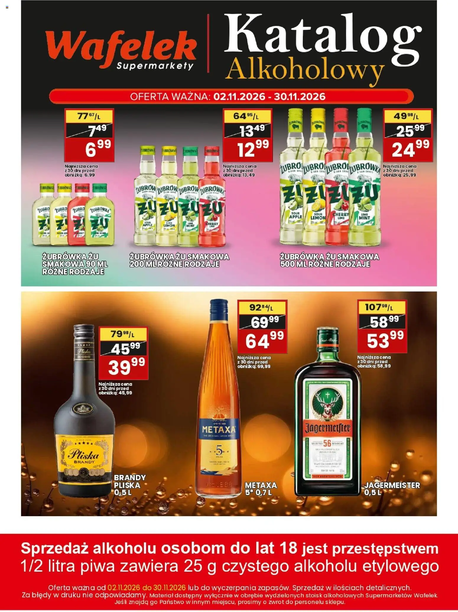 Pogląd gazetki "Wafelek gazetka alkoholowa" ze sklepu Wafelek ważnej od 02.11.2026 - Jagermeister, Metaxa, Brandy, Żubrówka, Wafelek, Pliska brandy, Brandy Pliska, Metaxa 5*