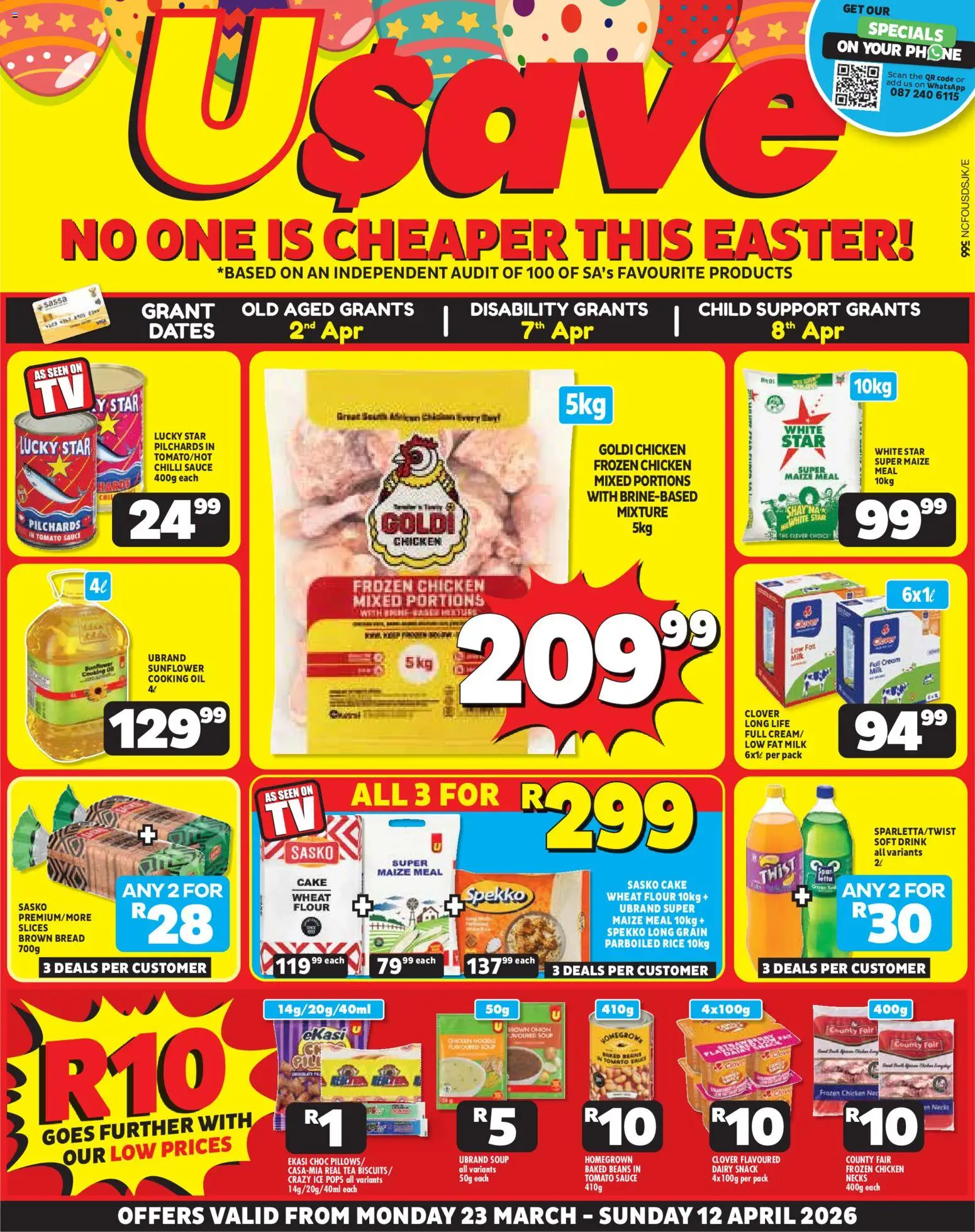 Preview of Usave flyer valid from 23/03/2026 - Phone, Cake, Dates, Oil, Beans, Onion, Tomato sauce, Pilchards